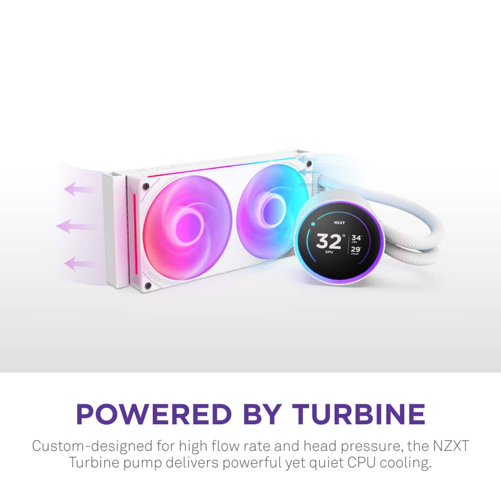 Powered by Turbine. Custom-designed for high flow rate and head pressure, the NZXT Turbine pump delivers powerful yet quiet CPU cooling.