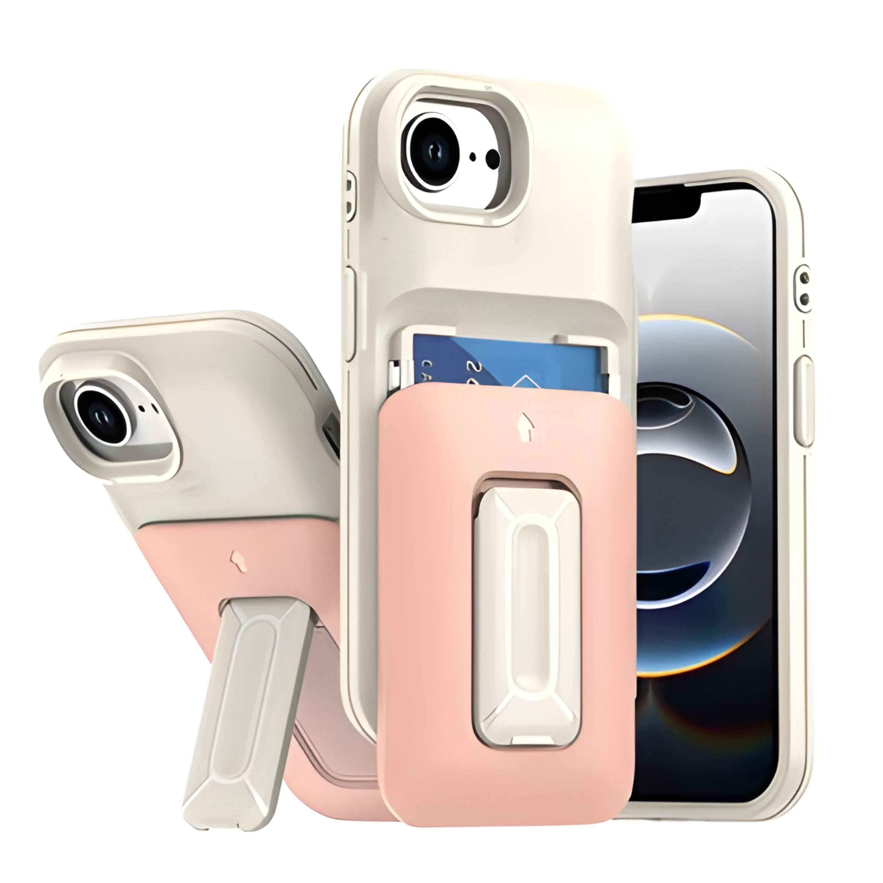 Kitcheniva - Matte Finish Phone Case With Card Holder Kickstand Strap Tempered Glass For iPhone 16e/17e - Beige Light Pink