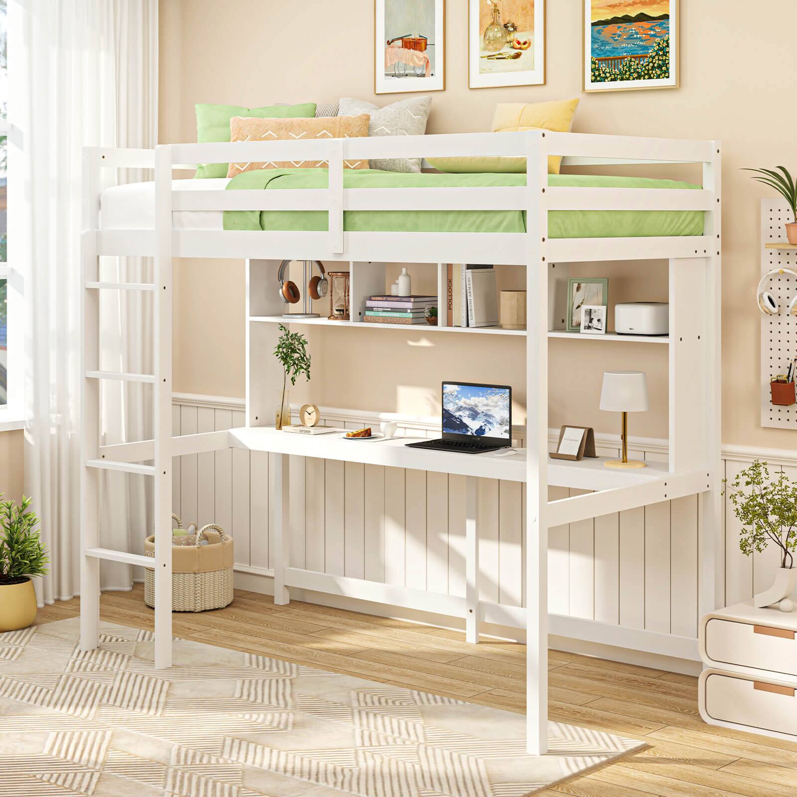 A neatly made bunk bed with a desk underneath it.