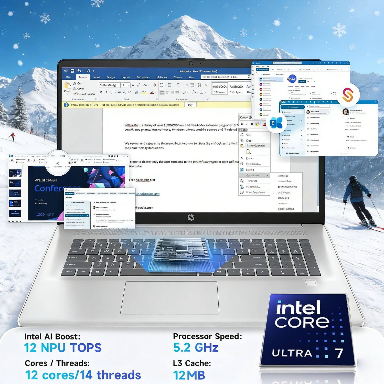 Intel AI Boost: 12 NPU TOPS  
Cores / Threads: 12 cores/14 threads  
Processor Speed: 5.2 GHz  
L3 Cache: 12MB  
intel CORE ULTRA 7