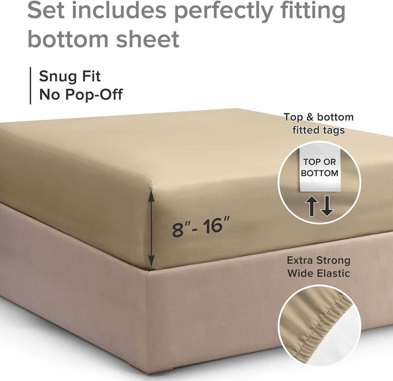 Set includes perfectly fitting bottom sheet

- Snug Fit
- No Pop-Off

Top & bottom fitted tags

- TOP OR BOTTOM

8" - 16"

Extra Strong Wide Elastic