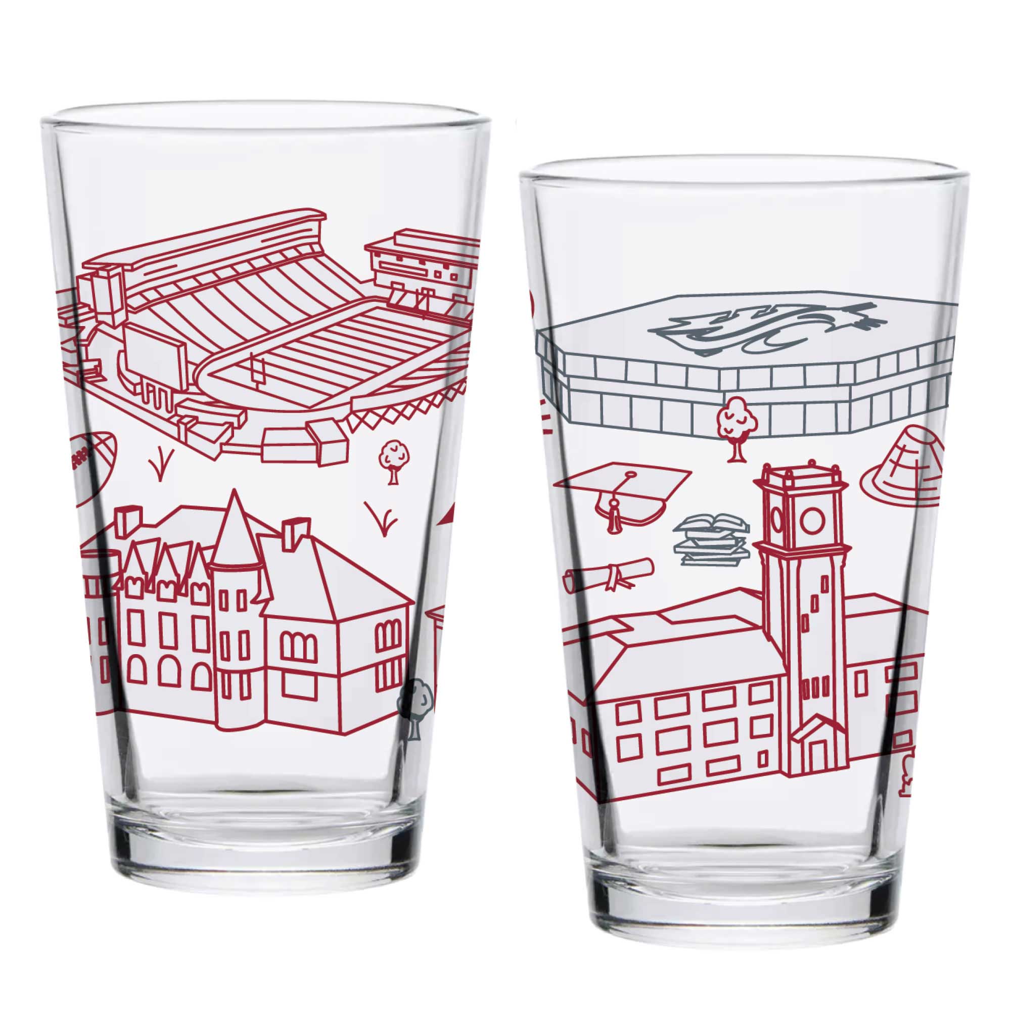 Alt View 1. Indigo Falls - Washington State Cougars Two-Pack 16oz. Campus Line Art Pint Glass Set - Multicolor.