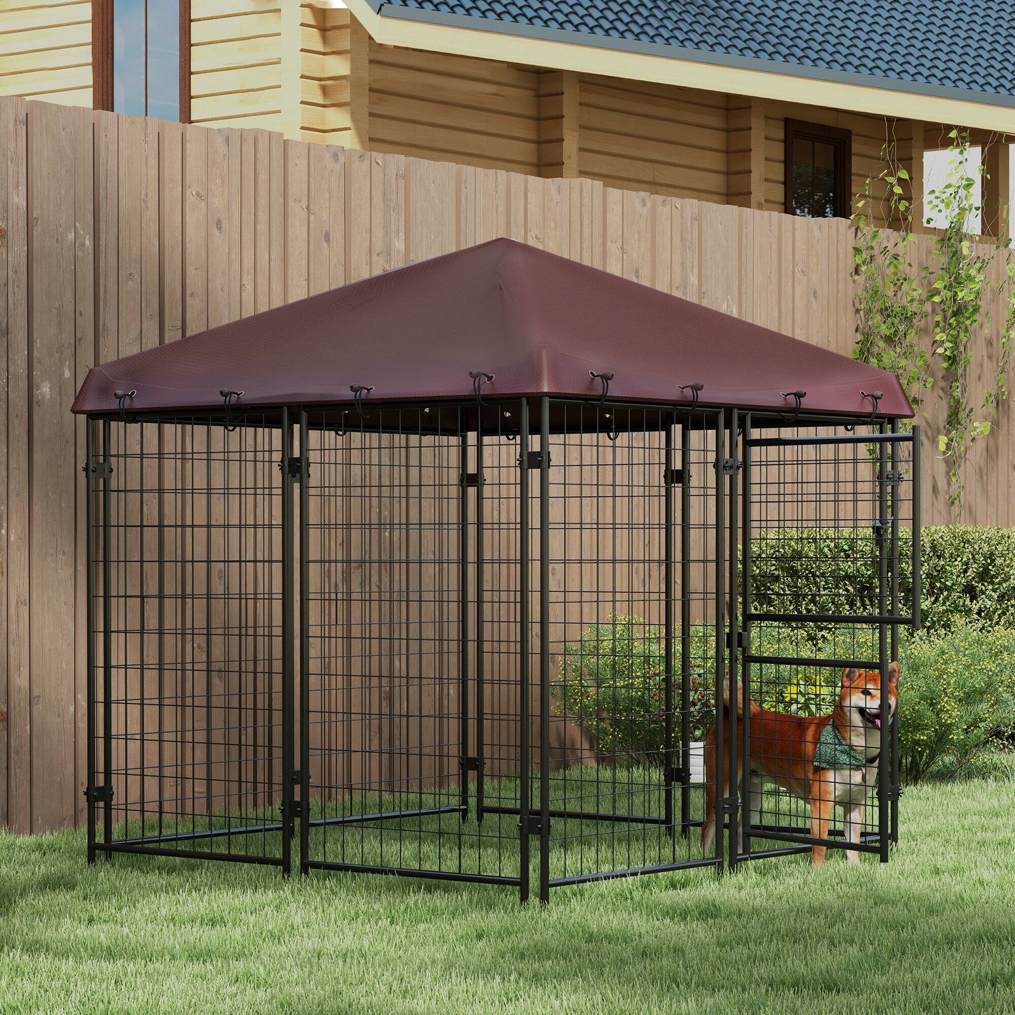 Angle. Pawhut - 4.6'x4.6'x5' Dog Kennel Outdoor, Waterproof Cover, Playpen, Two Part Door, Small, Medium Dogs.