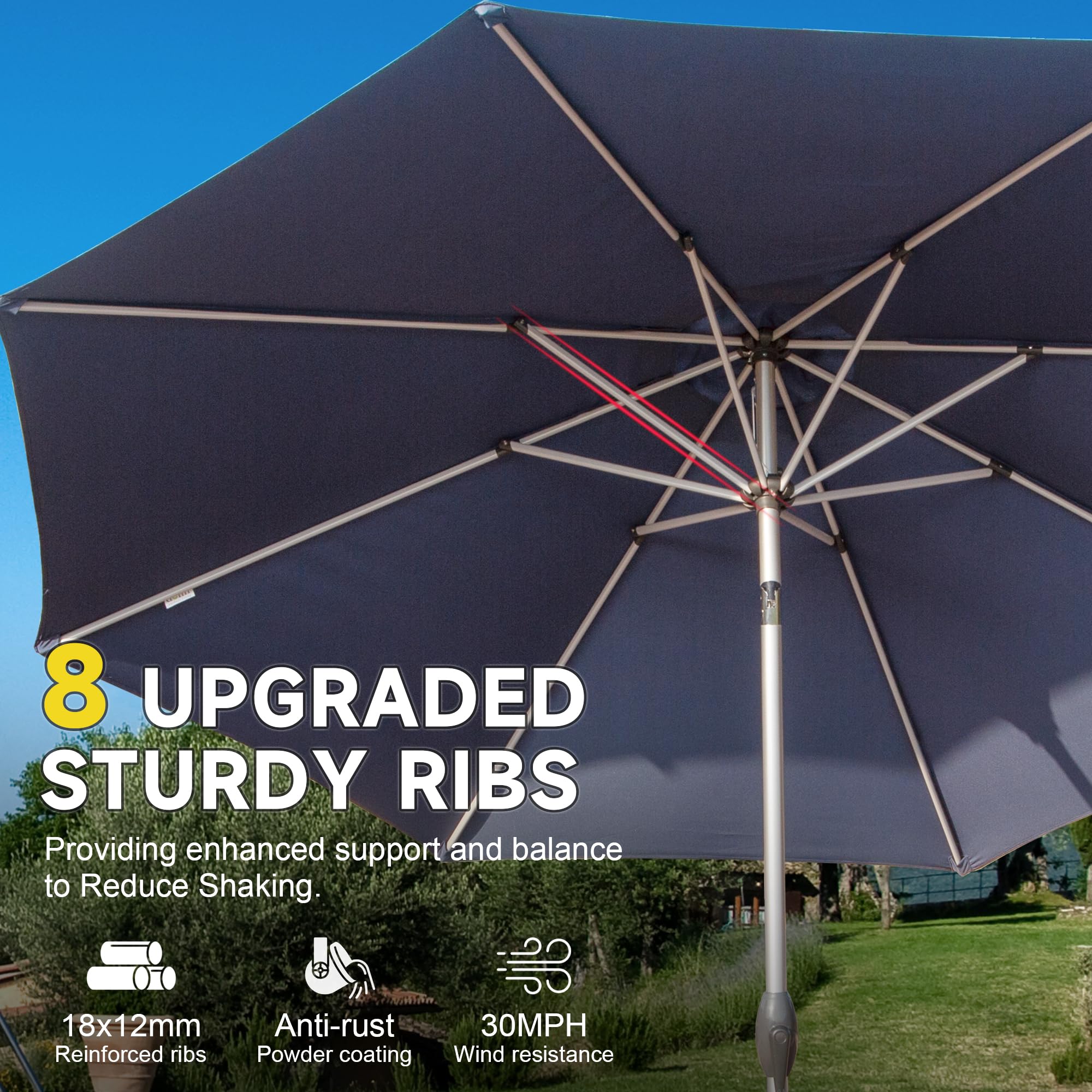 8 UPGRADED STURDY RIBS  
Providing enhanced support and balance to Reduce Shaking.  
18x12mm Reinforced ribs  
Anti-rust Powder coating  
30MPH Wind resistance