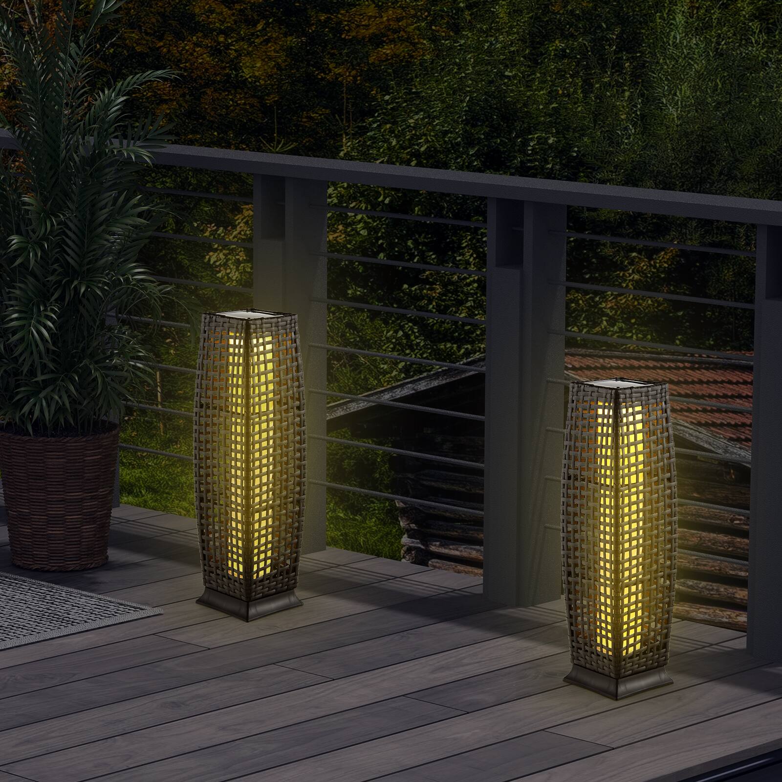Angle. SlickBlue - 2-Piece Solar Powered Square Wicker Floor Lamps with Automatic LED Light - Black.