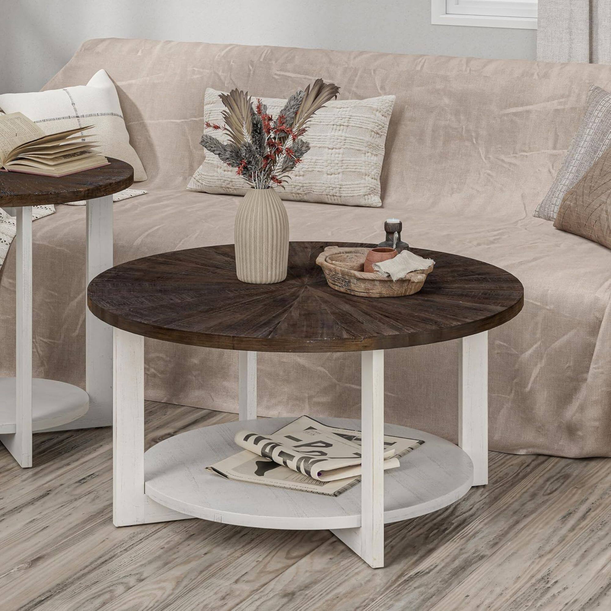 Alt View 8. COZAYH - COZAYH Rustic Farmhouse Large Round Wood Coffee Table with Storage Shelf, Brown - White & Brown.