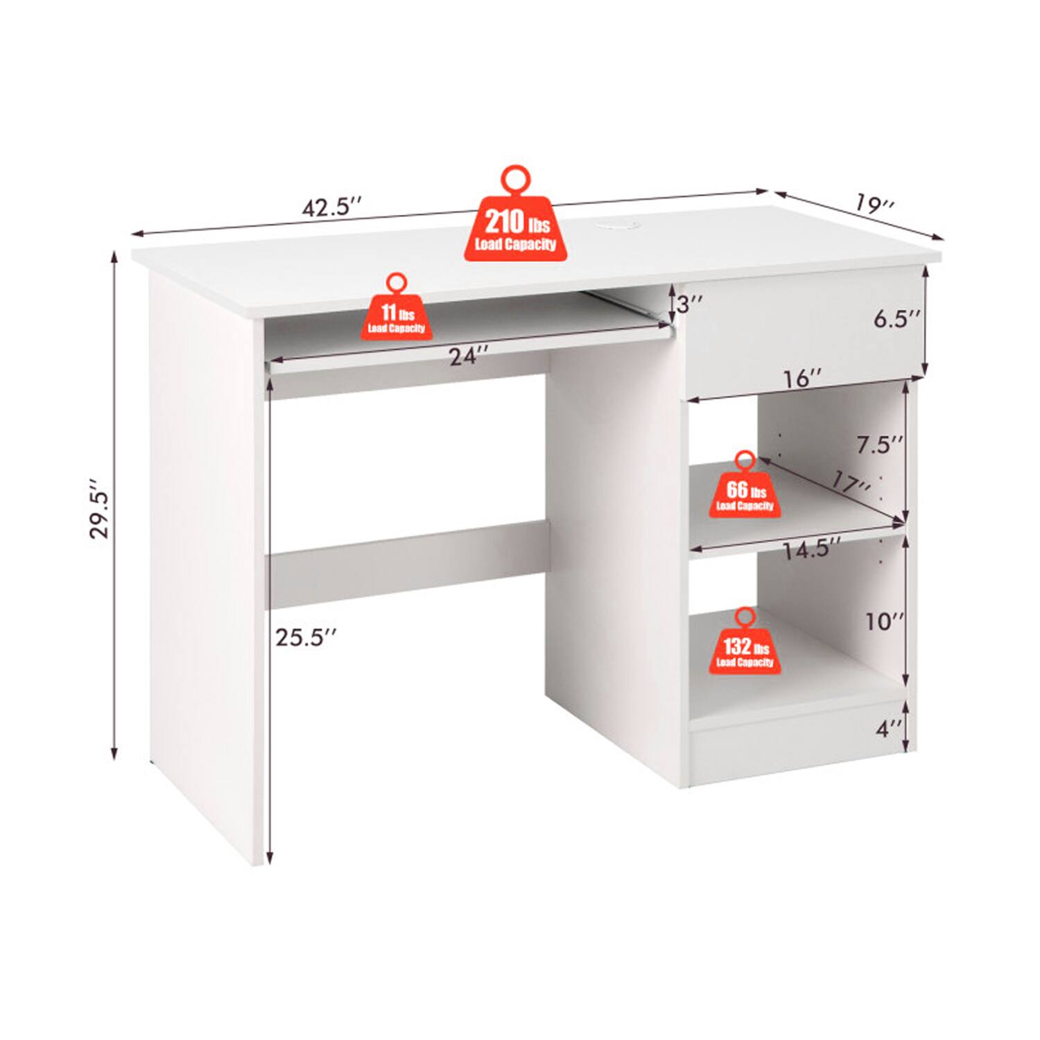 42.5" 210 lbs Load Capacity  
19" 11 lbs Load Capacity  
24" 3" 16" 6.5" 29.5" 7.5" 66 lbs Load Capacity  
17" 14.5" 25.5" 132 lbs Load Capacity  
10' 4"