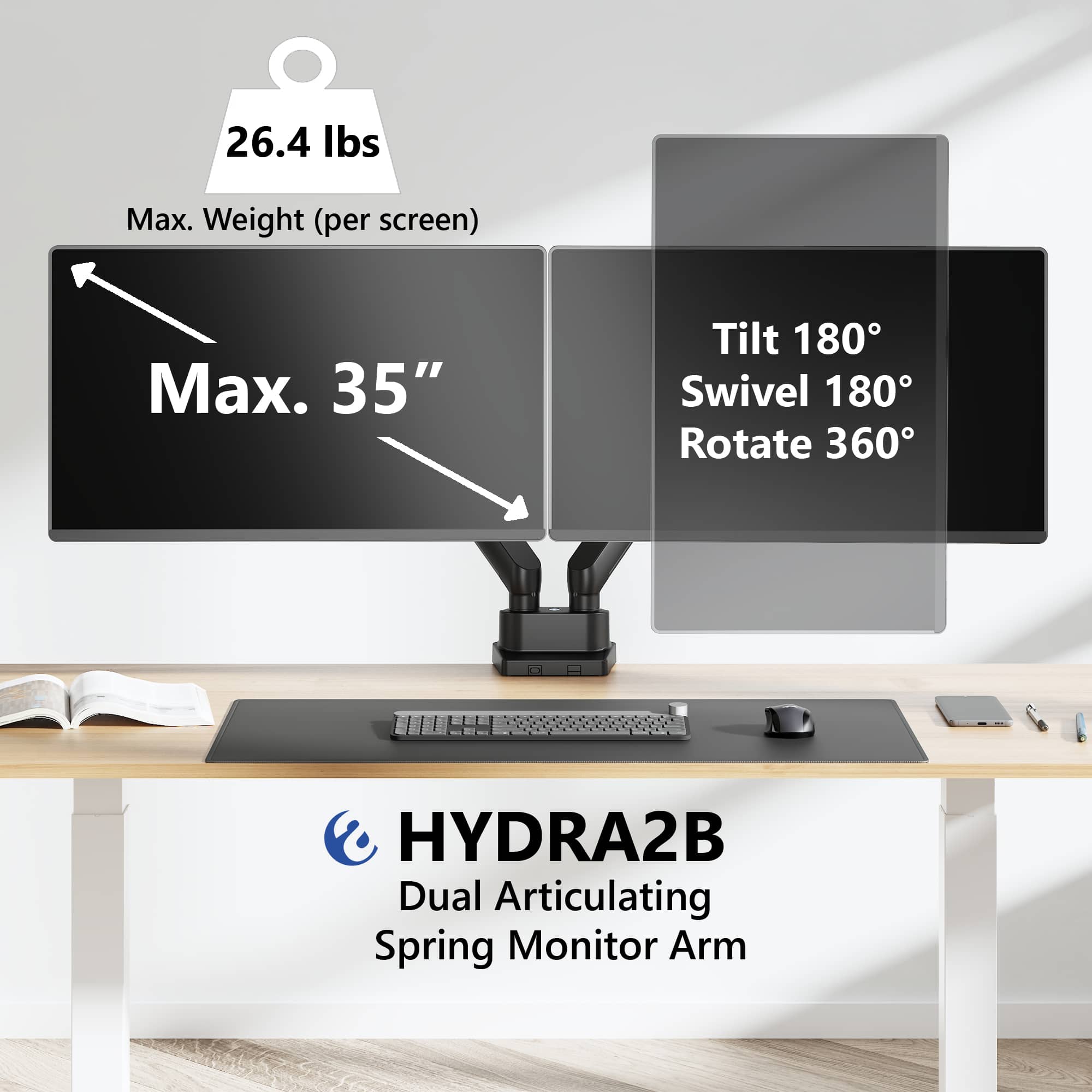 Amer Mounts - Dual Articulating Heavy Duty Spring Monitor Arm for 35" Monitors 12kg Max Weight per Screen - HYDRA2B - Black - Thumbnail 4