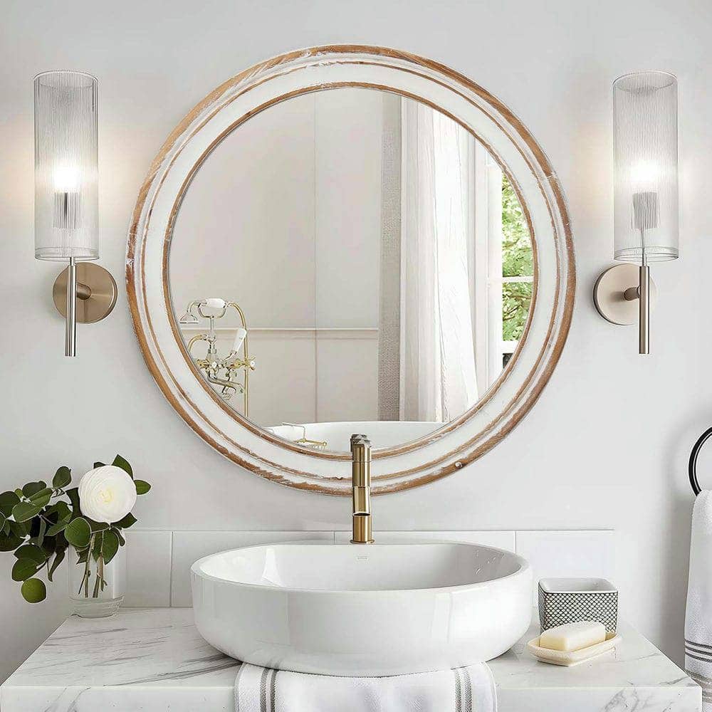 Kadyn - 27.5" Round Farmhouse Wooden Mirror with Whitewash Frame, Decorative Hanging Mirror for Entryway/Kitchen, Natural