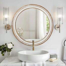 Kadyn - 27.5" Round Farmhouse Wooden Mirror with Whitewash Frame, Decorative Hanging Mirror for Entryway/Kitchen, Natural