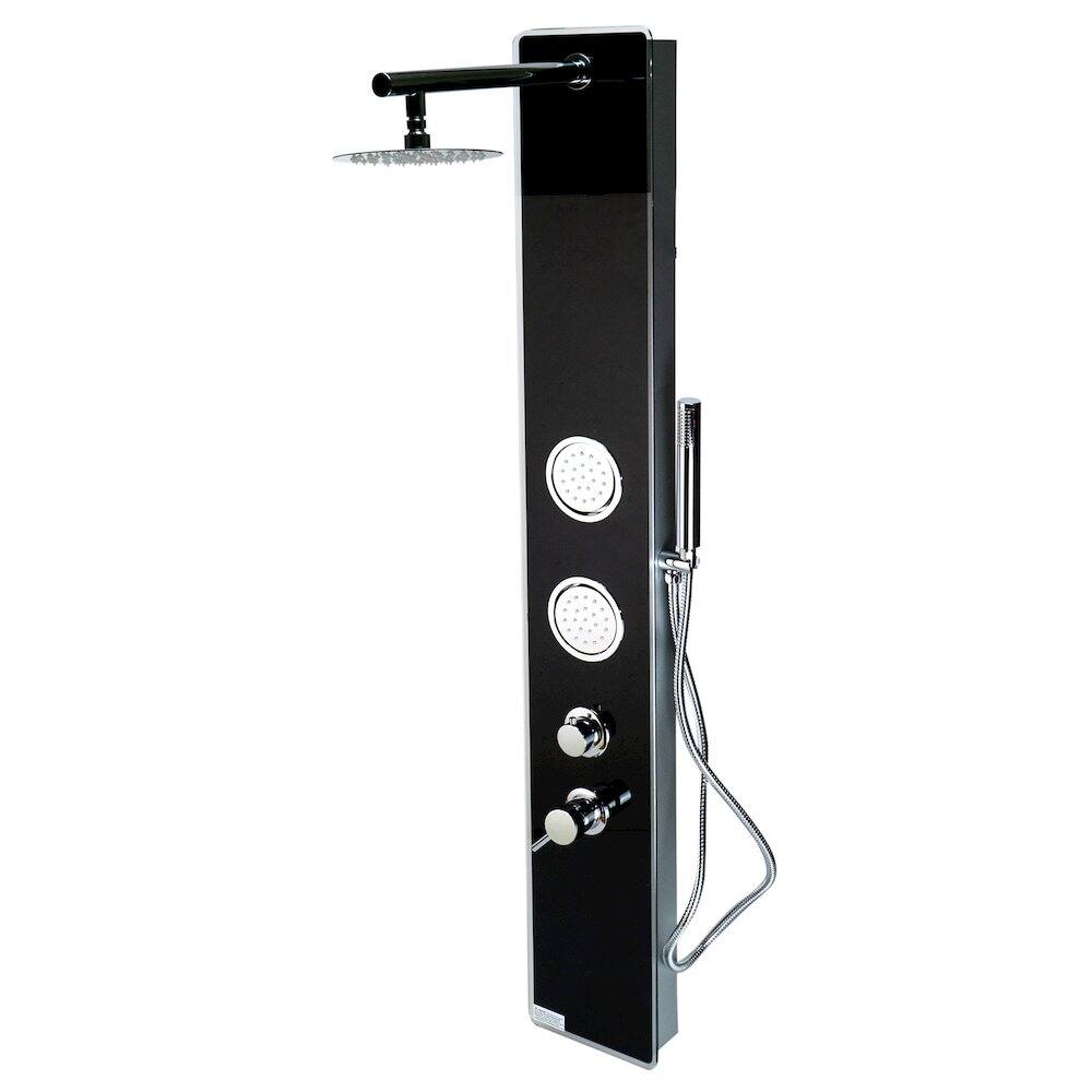 Angle. Alfi - Black Glass Shower Panel with 2 Body Sprays and Rain Shower Head - Black.