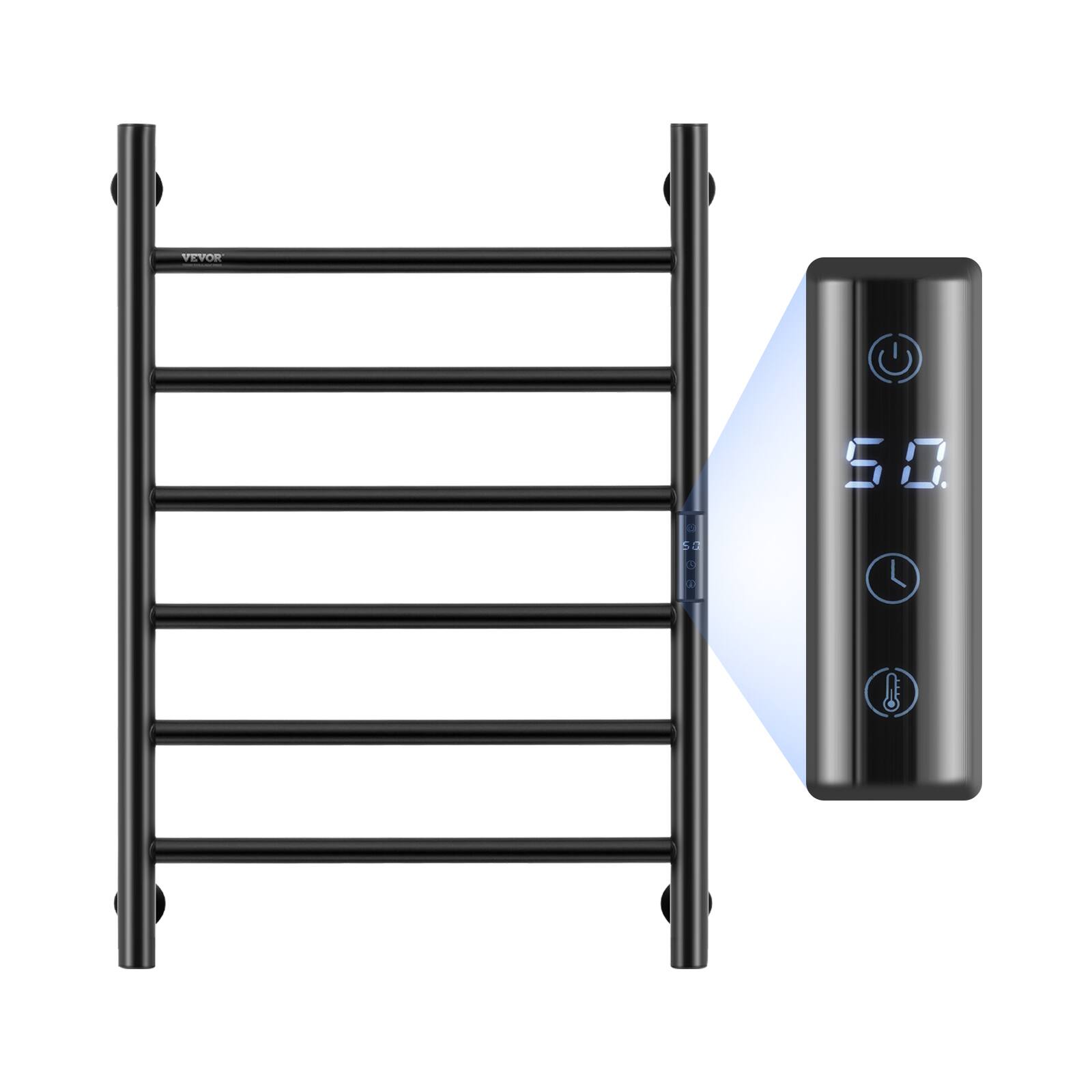 Front. VEVOR - 6 Bars Towel Warmer Rack, Wall Mounted Heated Towel Rack for Bathroom, IPX5 Waterpoof Towel Heater Rack - Black.