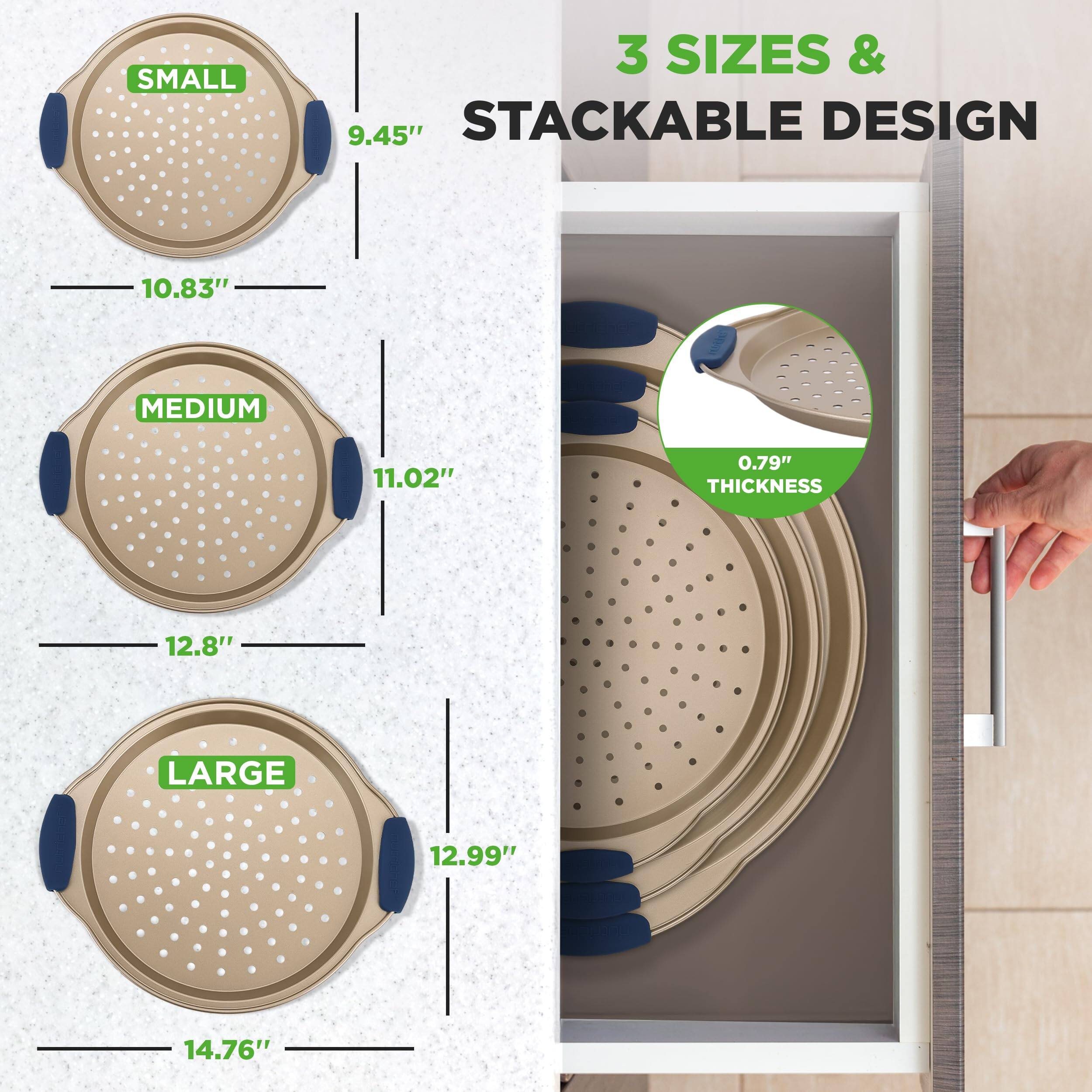 SMALL 3 SIZES & 9.45" STACKABLE DESIGN 10.83" MEDIUM 11.02" 0.79" THICKNESS 12.8" LARGE 12.99" 14.76"