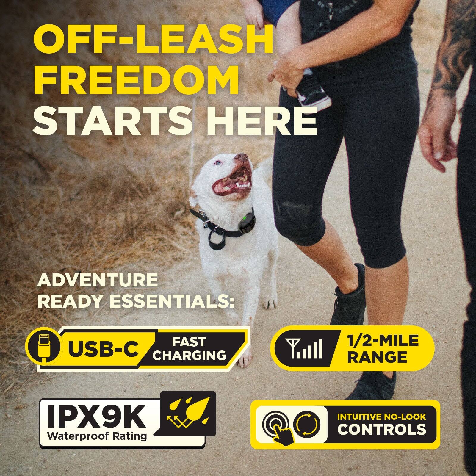 OFF-LEASH FREEDOM STARTS HERE

ADVENTURE READY ESSENTIALS:
- FAST USB-C CHARGING
- 1/2-MILE RANGE
- IPX9K Waterproof Rating
- INTUITIVE NO-LOOK CONTROLS
