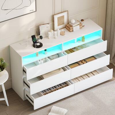 Vipbear 6 Drawer Double Dresser with Power Outlet & LED