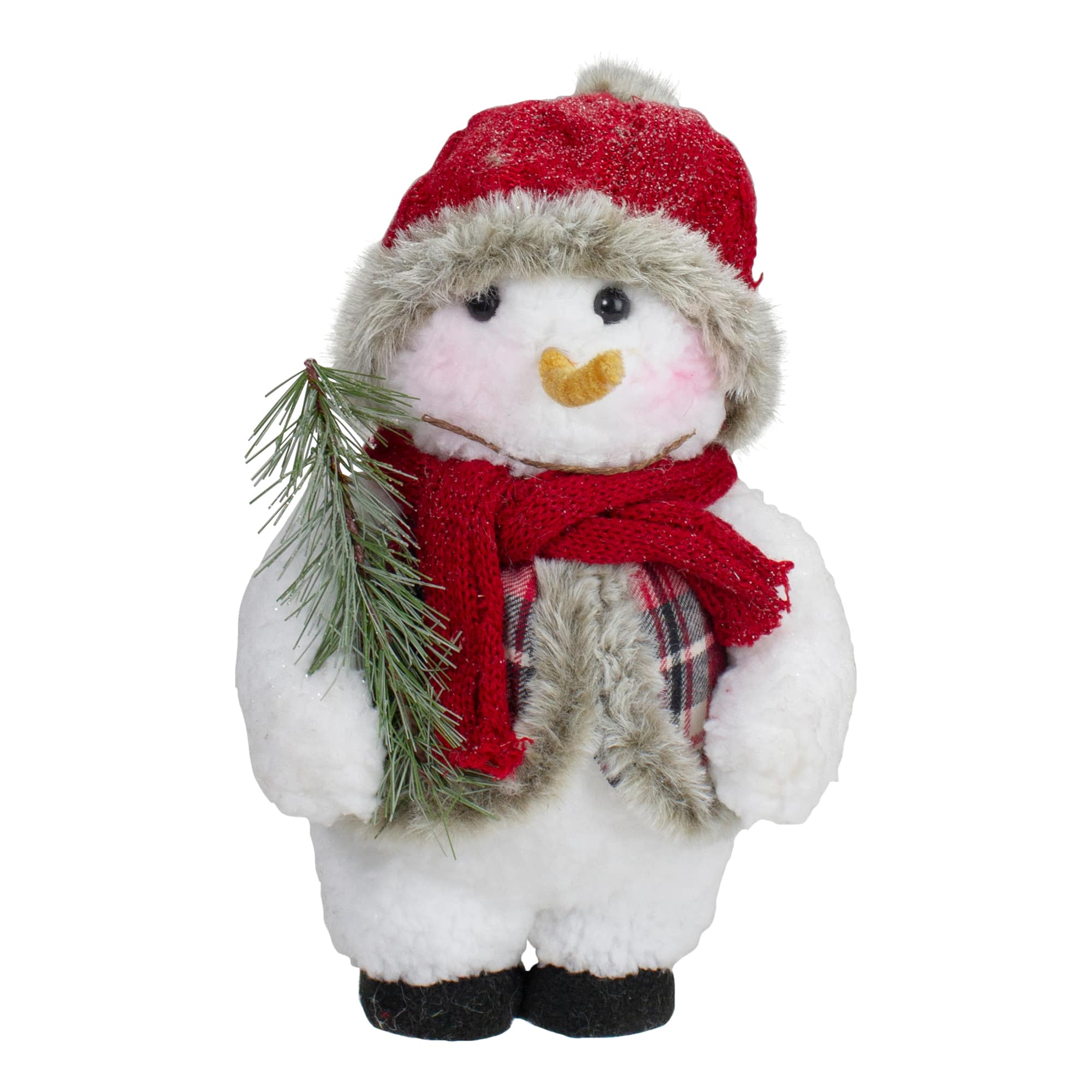 Northlight - Plush Snowman with Pine Sprig Wearing Plaid Vest Christmas Figure - 10" - White