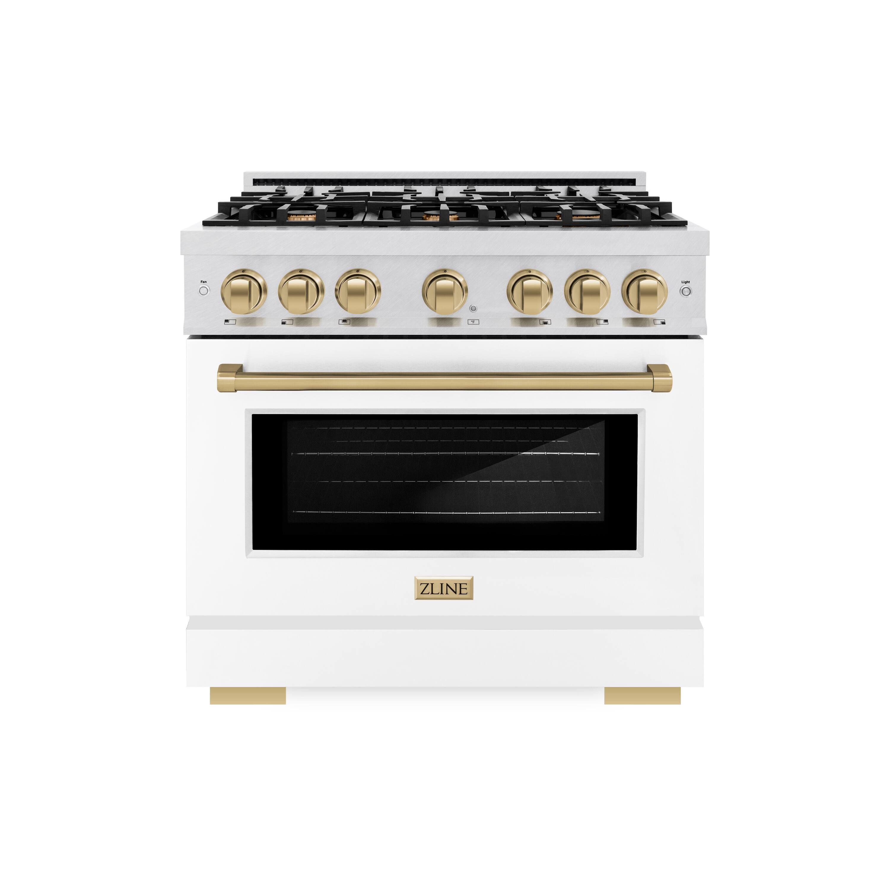 Angle. ZLINE - ZLINE Autograph 36 in. 5.2 cu. ft. Freestanding Select Satin Steel Gas Range w/ White Door & Bronze Accents - Satin Stainless Steel.