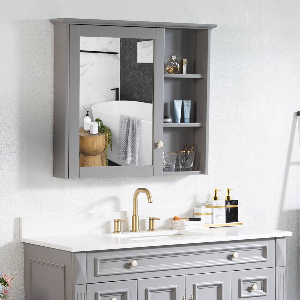 Angle. WELLFOR - 34 in. W x 30 in. H Rectangular Solid Wood Frame Surface Mount Medicine Cabinet with Mirror and Soft Close Door - Gray.