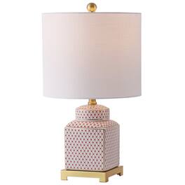Jonathan Y - Cleo Transitional 21.5" Red and White Square Ceramic Table Lamp with Glam Brass Gold Base for Living Room - White/Red