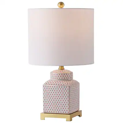 Front. Jonathan Y - Cleo Transitional 21.5" Red and White Square Ceramic Table Lamp with Glam Brass Gold Base for Living Room - White/Red.