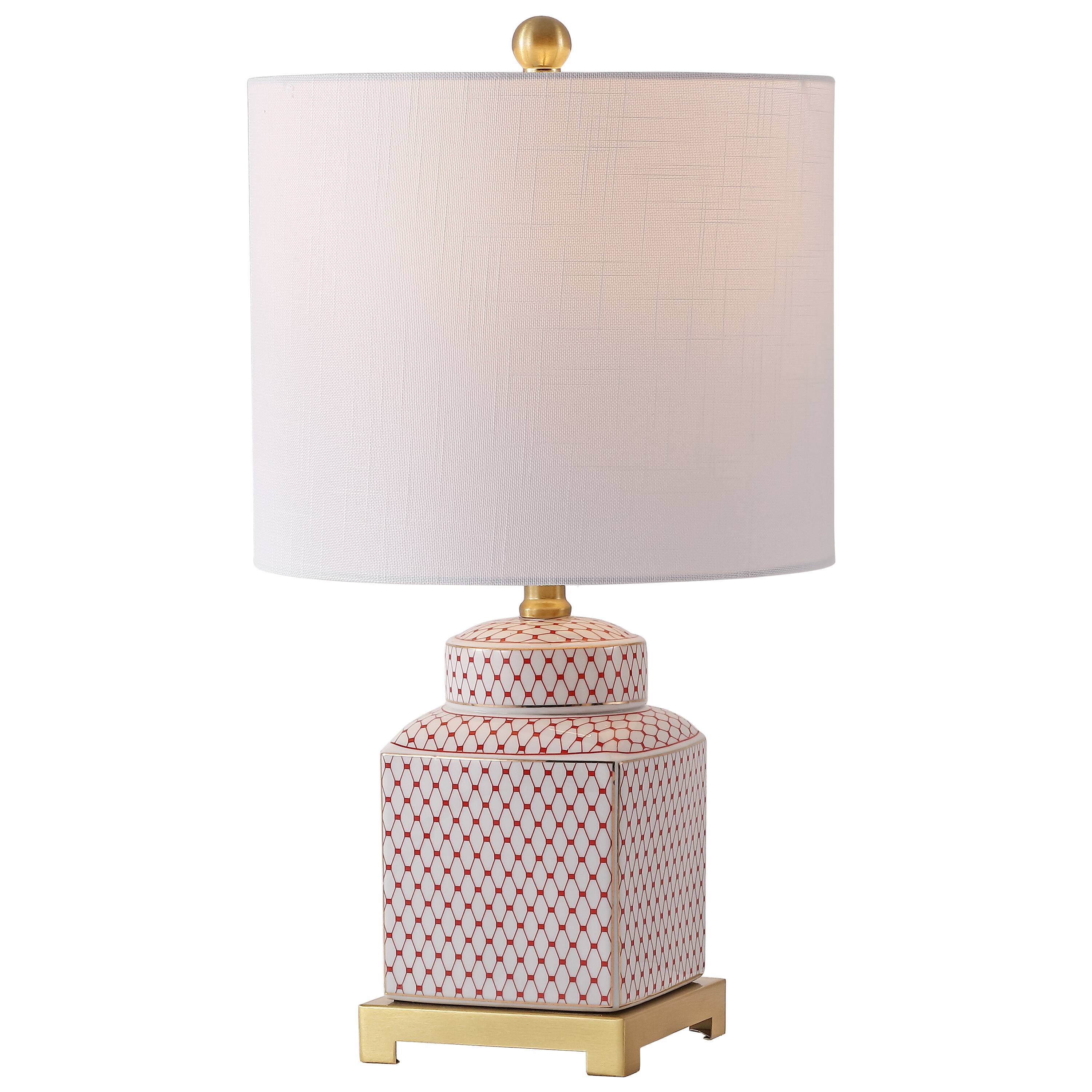 Front. Jonathan Y - Cleo Transitional 21.5" Red and White Square Ceramic Table Lamp with Glam Brass Gold Base for Living Room - White/Red.