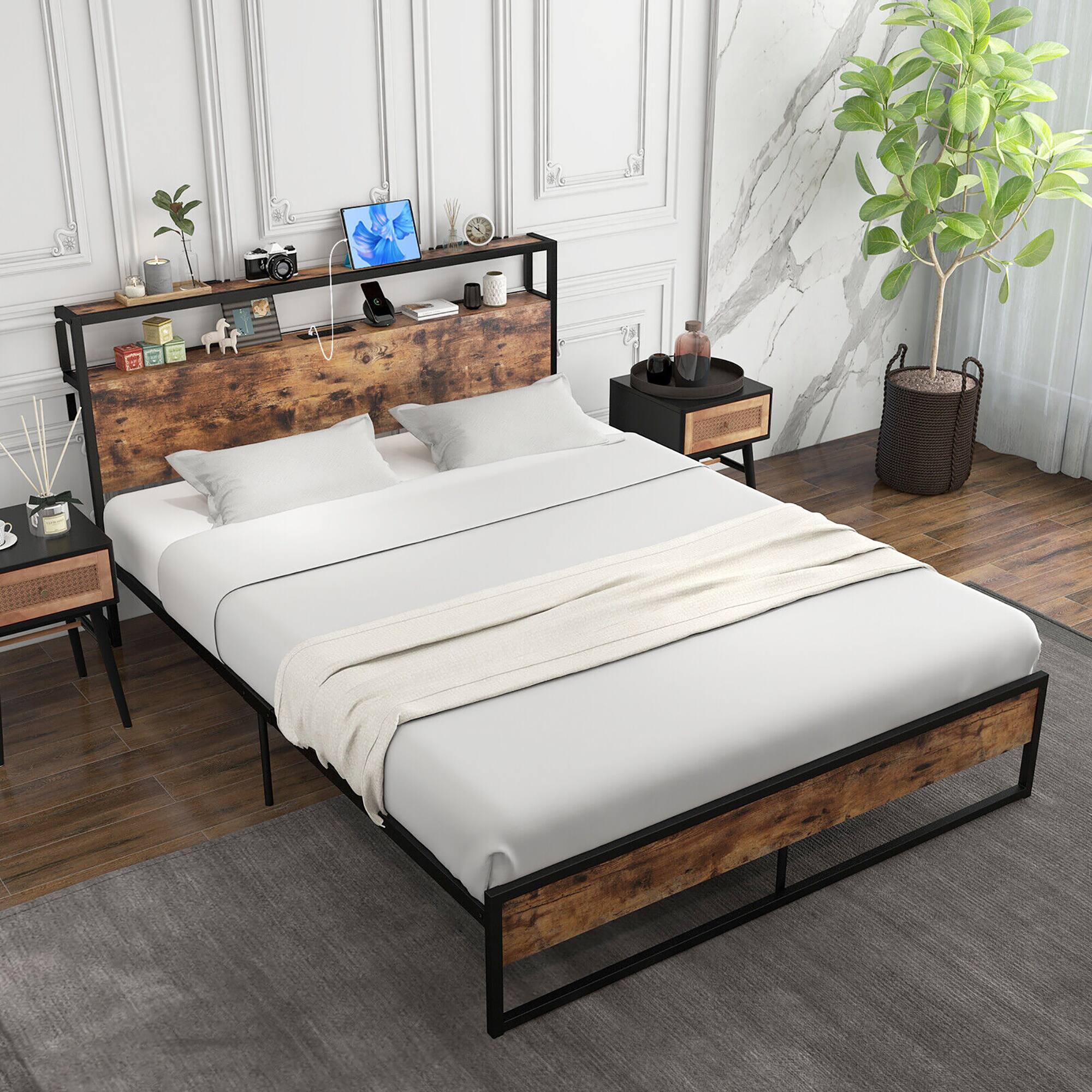 Alt View 8. Gymax - Gymax Queen Size Industrial Platform Bed Frame with Charging Station Storage Headboard - Rustic Brown.