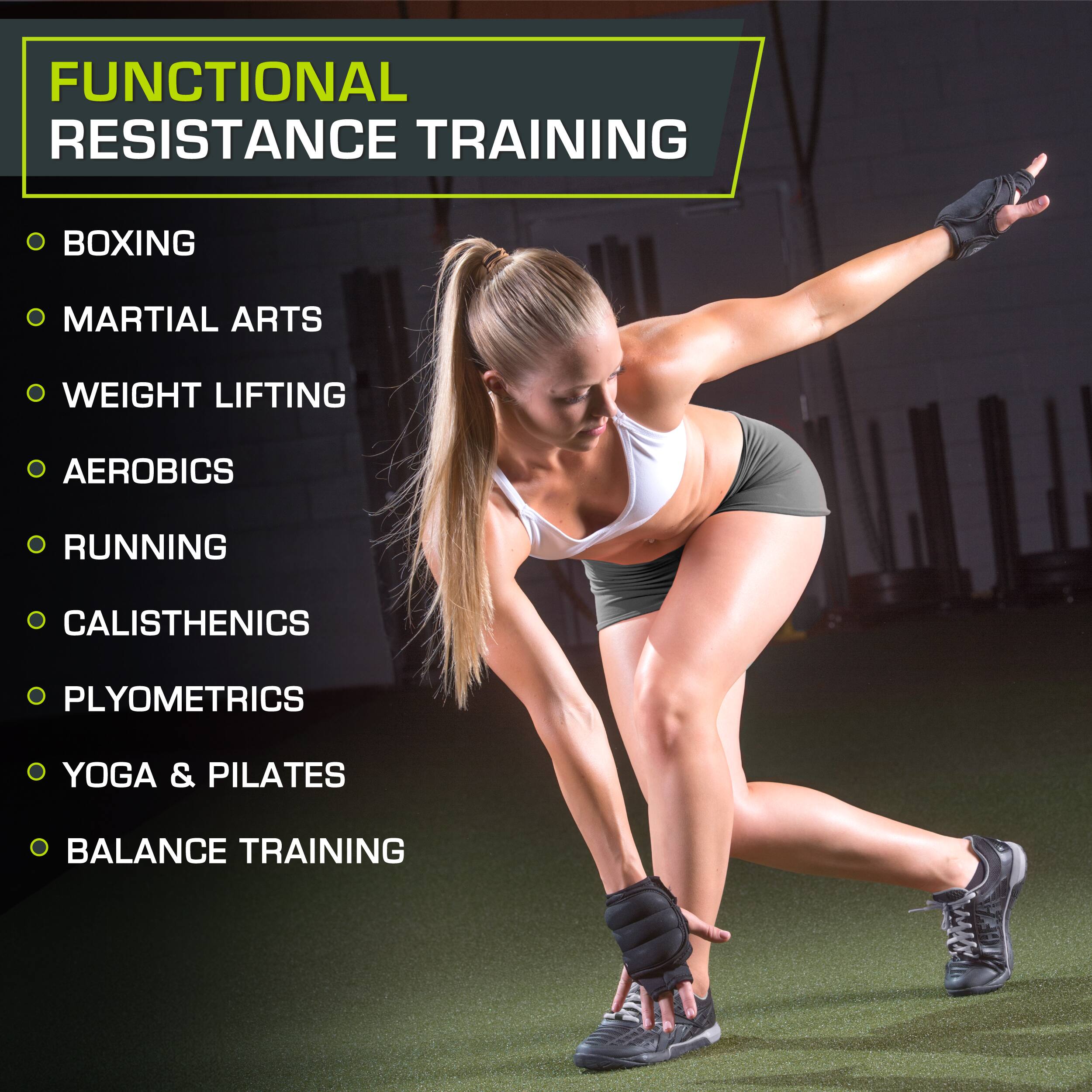 Functional Resistance Training

- Boxing
- Martial Arts
- Weight Lifting
- Aerobics
- Running
- Calisthenics
- Plyometrics
- Yoga & Pilates
- Balance Training