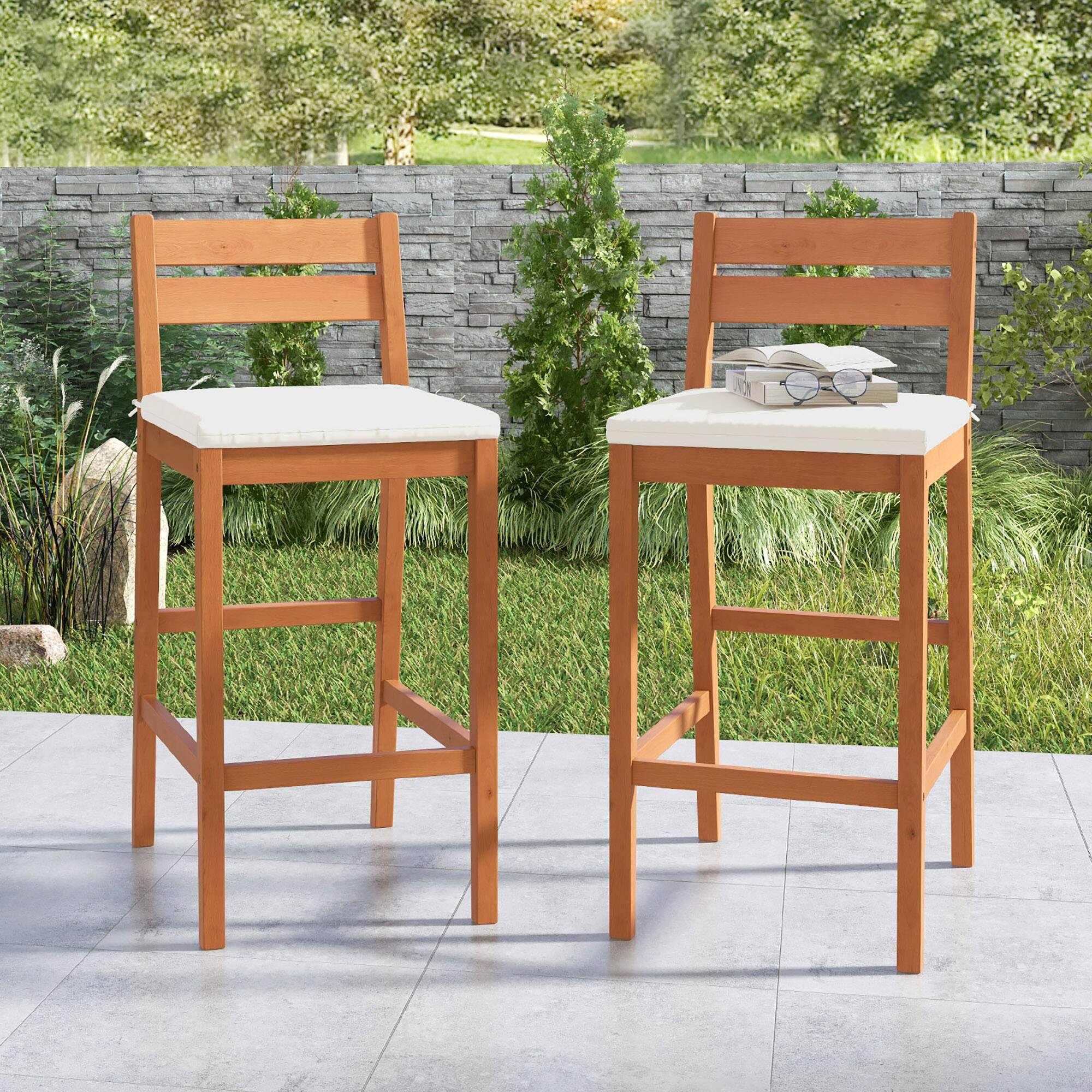 Alt View 3. Gymax - Gymax Patio Eucalyptus Wood Bar Stools Set of 2 Outdoor Bar Height Patio Chairs w/ Cushions - White, Natural.