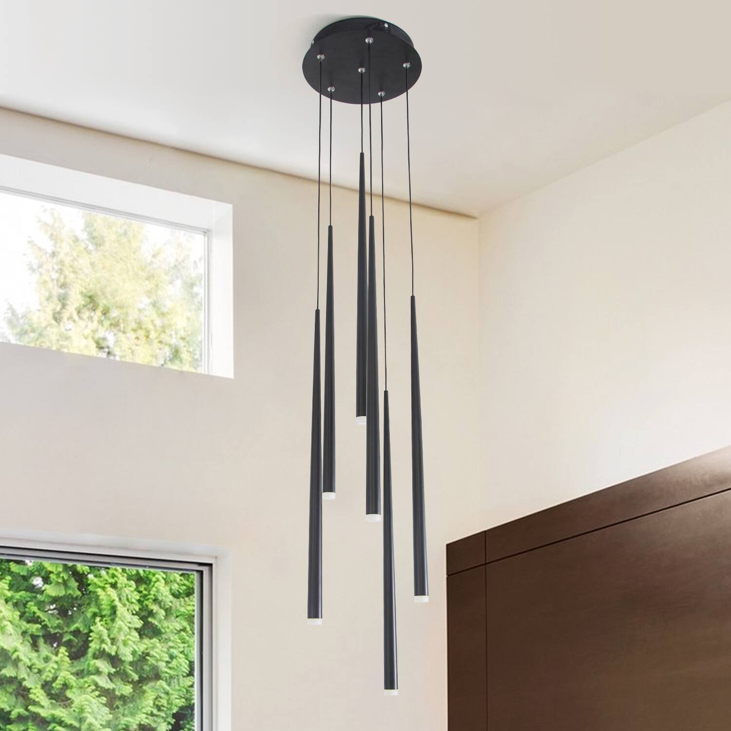 Alt View 4. Umeiluce - 6 - Light Cluster Cone LED Chandelier Pendant Kitchen Island Black Switch Dimming - Matte Black.