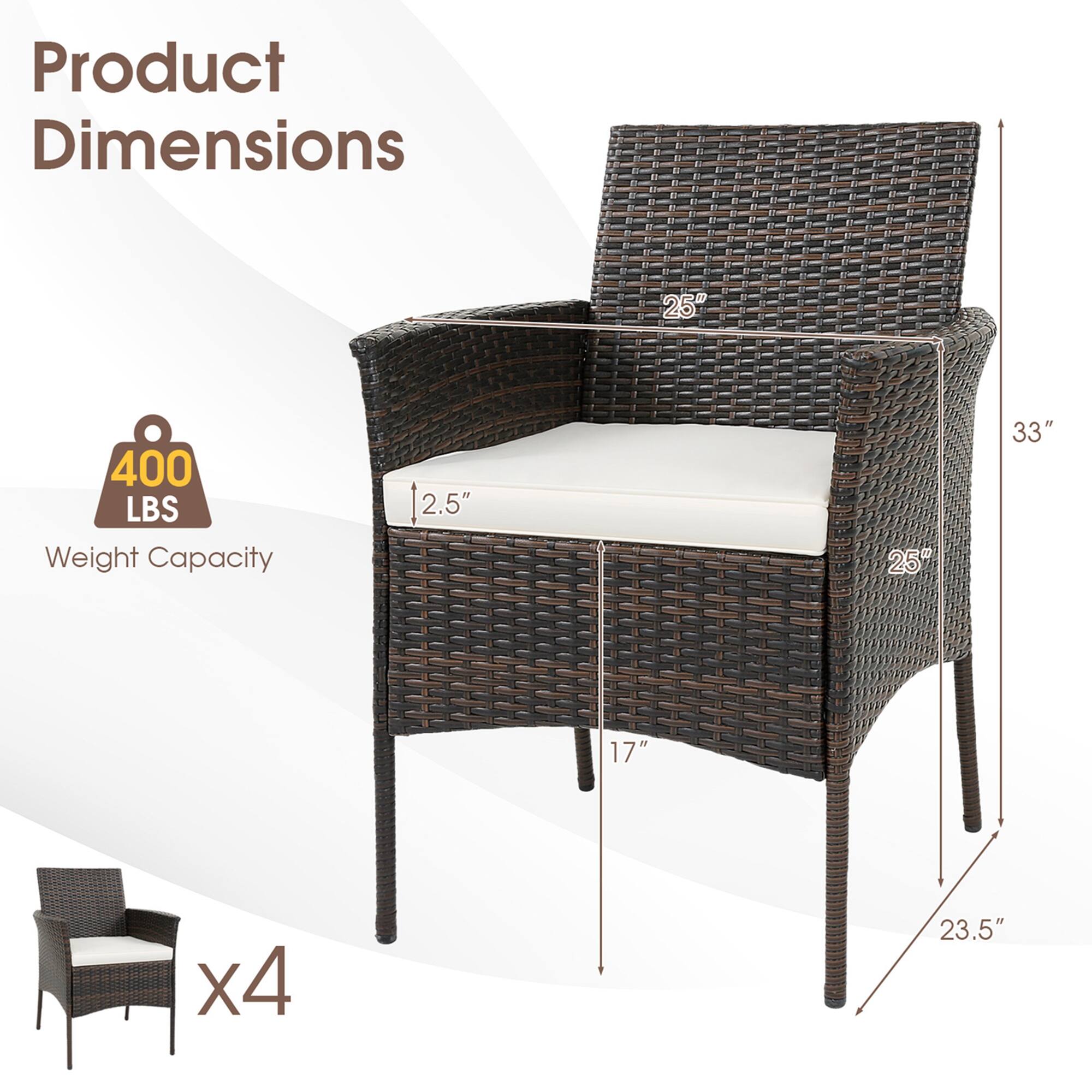 Product Dimensions  
25" x 25" x 33" x 17" x 23.5"  
400 LBS Weight Capacity  
2.5"