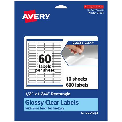 Go to avery.com/templates
Use Avery Template Presta® 94204
GLOSSY CLEAR
60 labels per sheet
10 sheets
600 labels
1/2" x 1-3/4" Rectangle
Glossy Clear Labels with Sure Feed® Technology for Laser/Inkjet