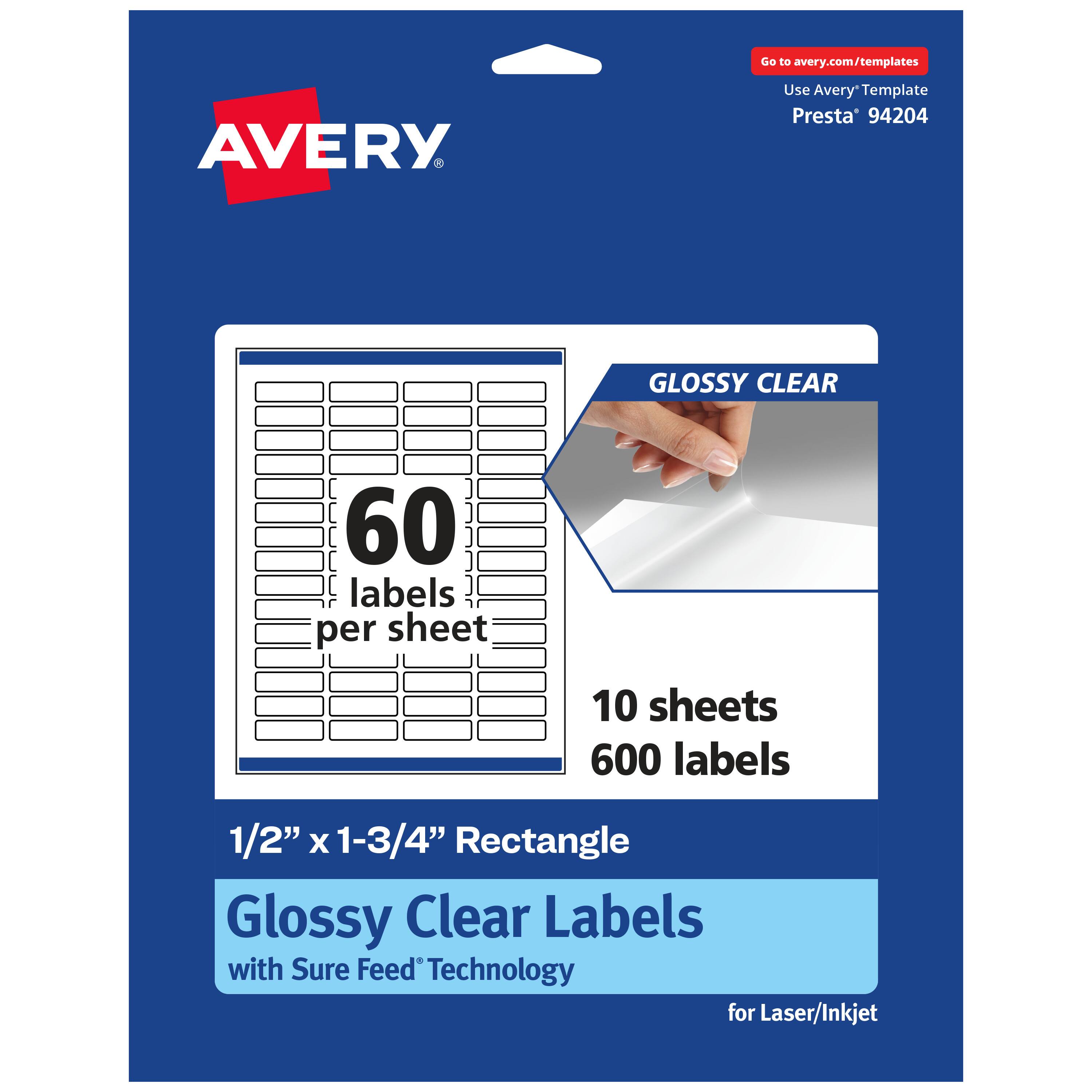 Go to avery.com/templates  
Use Avery Template Presta® 94204  

GLOSSY CLEAR  
60 labels per sheet  
10 sheets  
600 labels  

1/2" x 1-3/4" Rectangle  
Glossy Clear Labels with Sure Feed® Technology for Laser/Inkjet