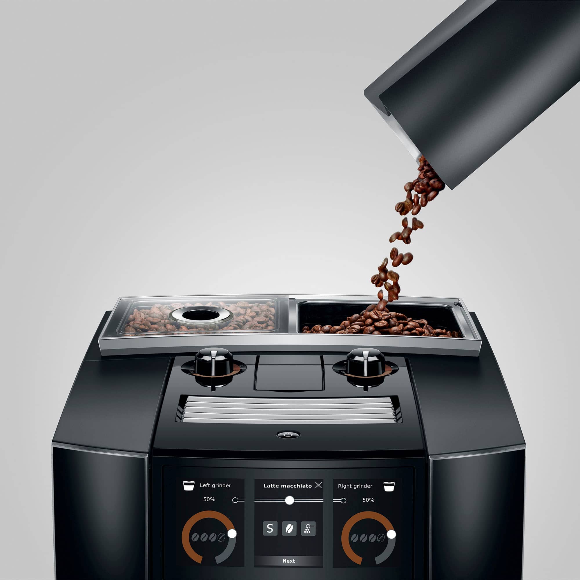 The image shows a coffee grinder with two compartments, one on the left and one on the right. The left compartment is filled with coffee beans, while the right compartment is filled with coffee grounds. The coffee grinder is in the process of grinding the coffee beans, with the coffee grounds falling into the right compartment. The image also features a timer that shows the grinding progress.