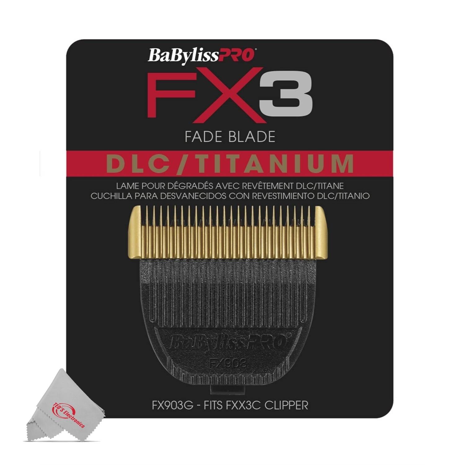 BaBylissPRO FX3 FADE BLADE DLC/TITANIUM  
LAME POUR DÉGRADÉS AVEC REVETEMENT DLC/TITANE  
CUCHILLA PARA DESVANECIDOS CON REVESTIMIENTO DLC/TITANIO  
BaBylissPRO FX903G - FITS FXX3C CLIPPER