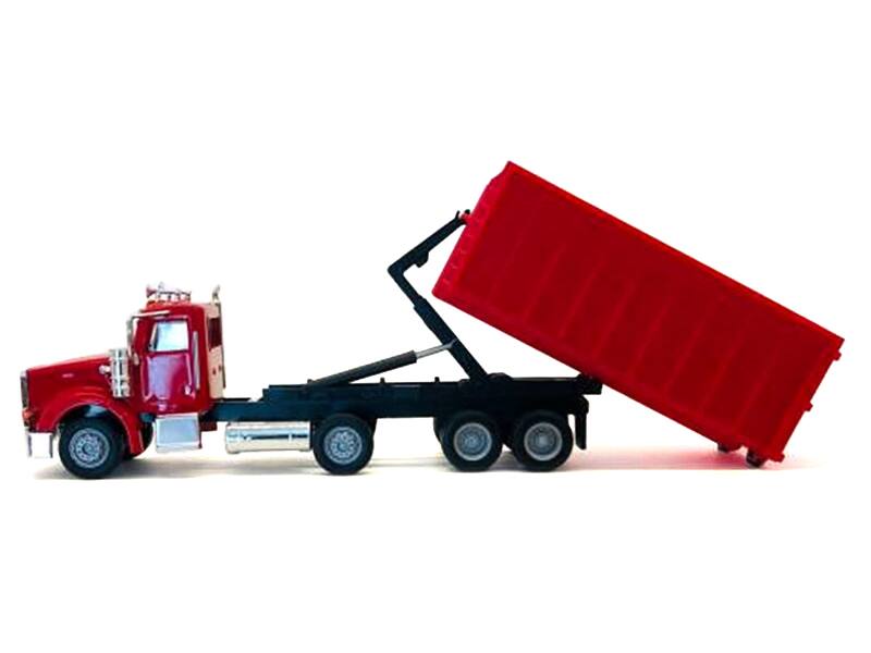 Angle. Promotex - Peterbilt 367 Roll-Off Dump Truck Red with Red Box 1/87 (HO) Plastic Model Car by Promotex - Red.