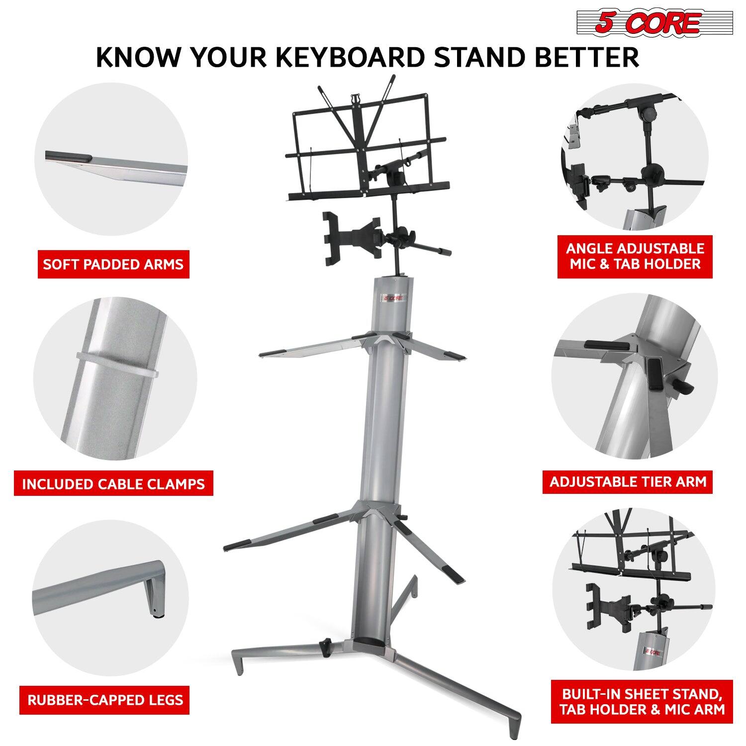 5 CORE  
KNOW YOUR KEYBOARD STAND BETTER  

- SOFT PADDED ARMS  
- INCLUDED CABLE CLAMPS  
- RUBBER-CAPPED LEGS  
- ANGLE ADJUSTABLE MIC & TAB HOLDER  
- ADJUSTABLE TIER ARM  
- BUILT-IN SHEET STAND, TAB HOLDER & MIC ARM