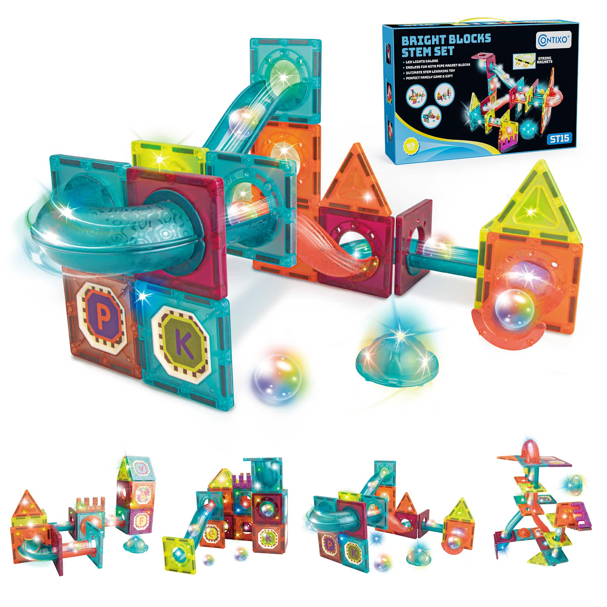 Contixo - Contix ST15 STEM Building Toy  65-Piece Glow-in-the-Dark Marble Run Magnetic Tile Set,