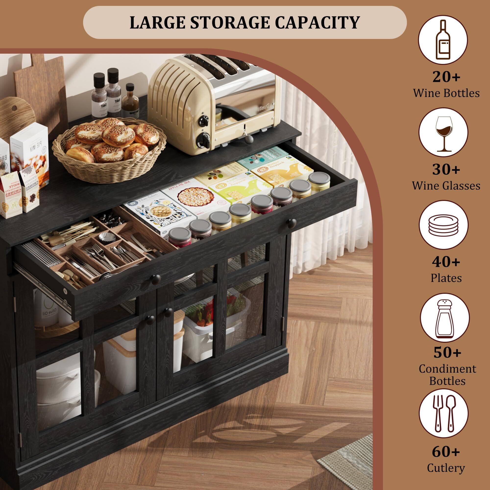 LARGE STORAGE CAPACITY

- 20+ Wine Bottles
- 30+ Wine Glasses
- 40+ Plates
- 50+ Condiment Bottles
- 60+ Cutlery
