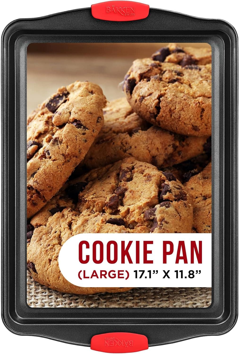 Bakken- Swiss - Large Nonstick Cookie Sheet Pan – Carbon Steel Tray with Red Silicone Handles, Gray Coating Inside & Out - Black