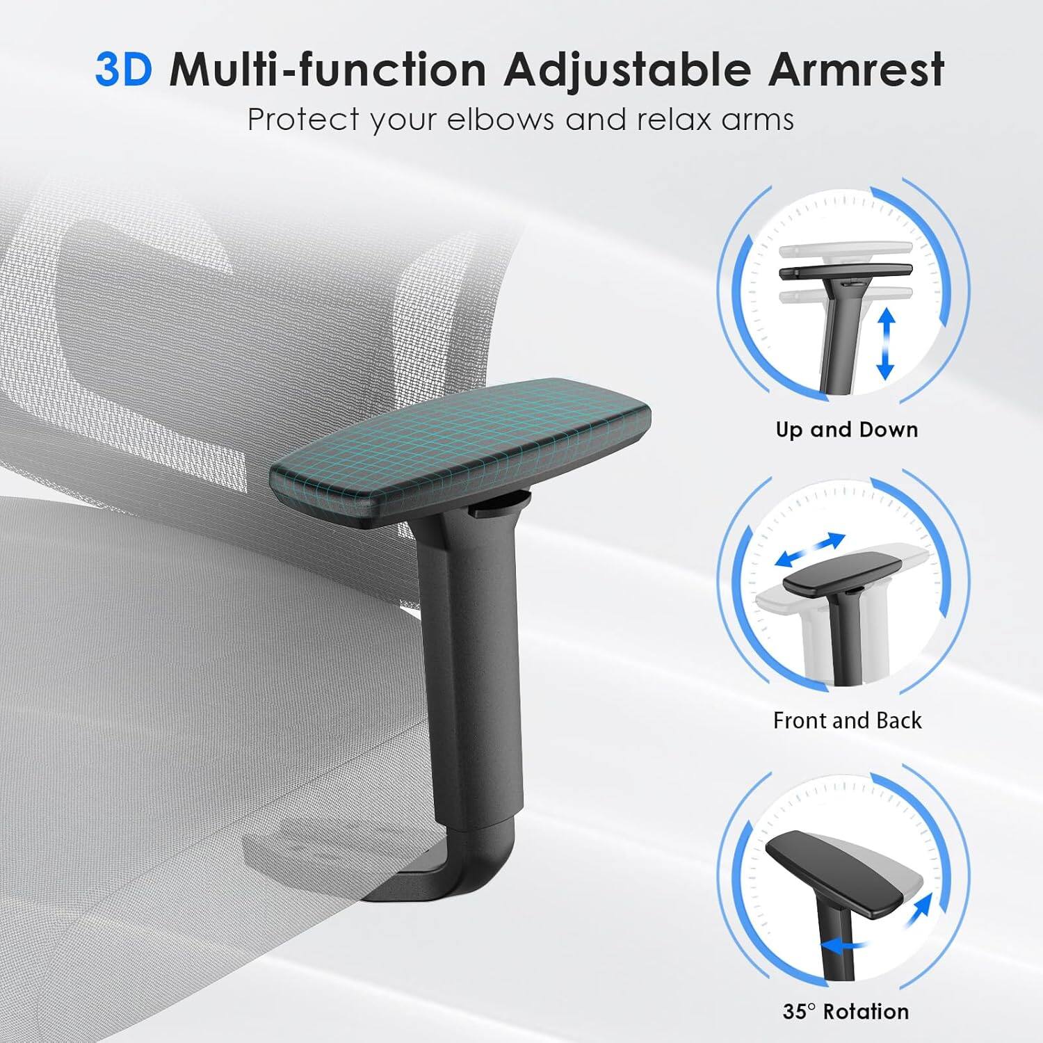 3D Multi-function Adjustable Armrest  
Protect your elbows and relax arms  

- Up and Down  
- Front and Back  
- 35° Rotation