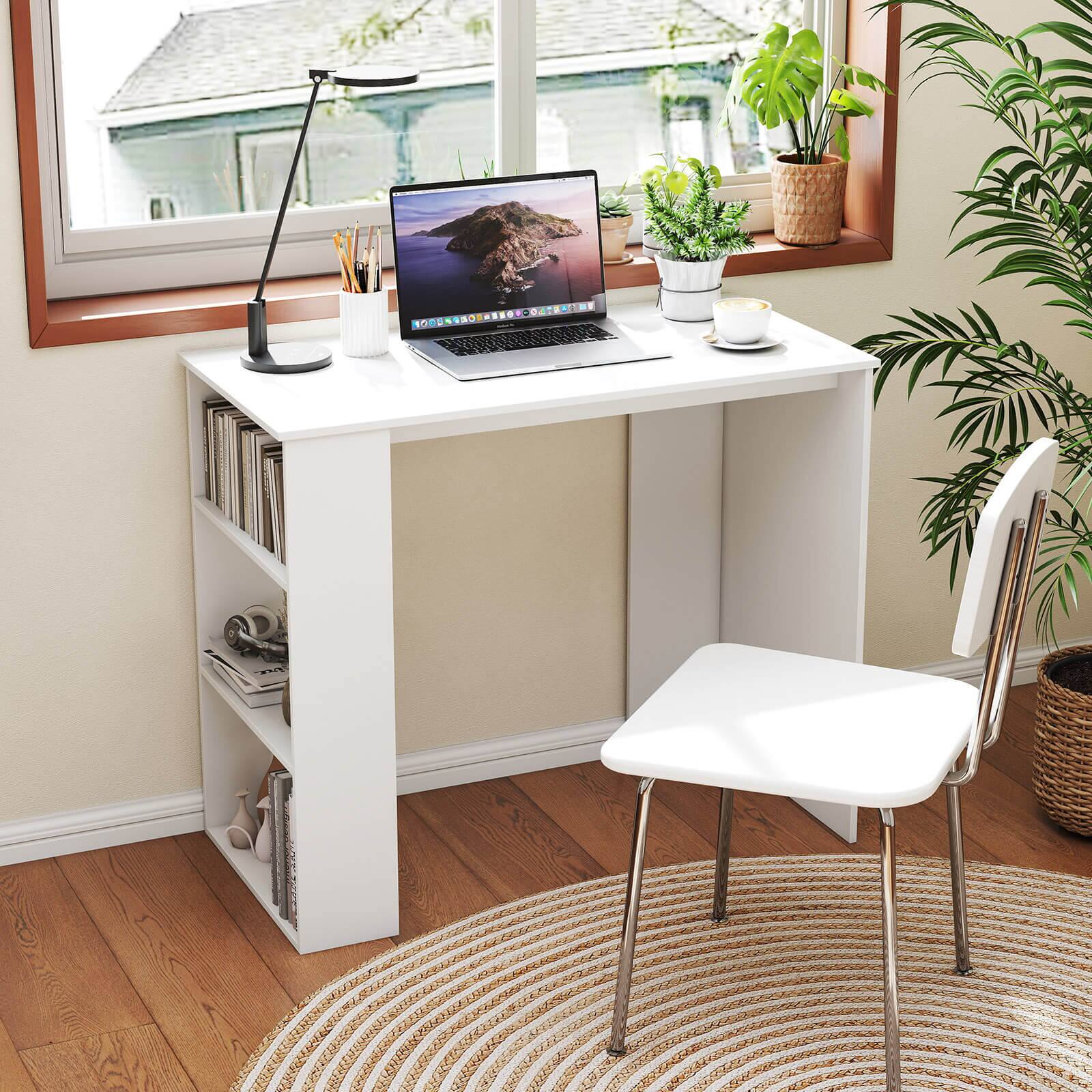Left. Costway - Costway 35.5" Compact PC Laptop Desk Modern Style Office Study Desk with Side Storage Shelf White - White.