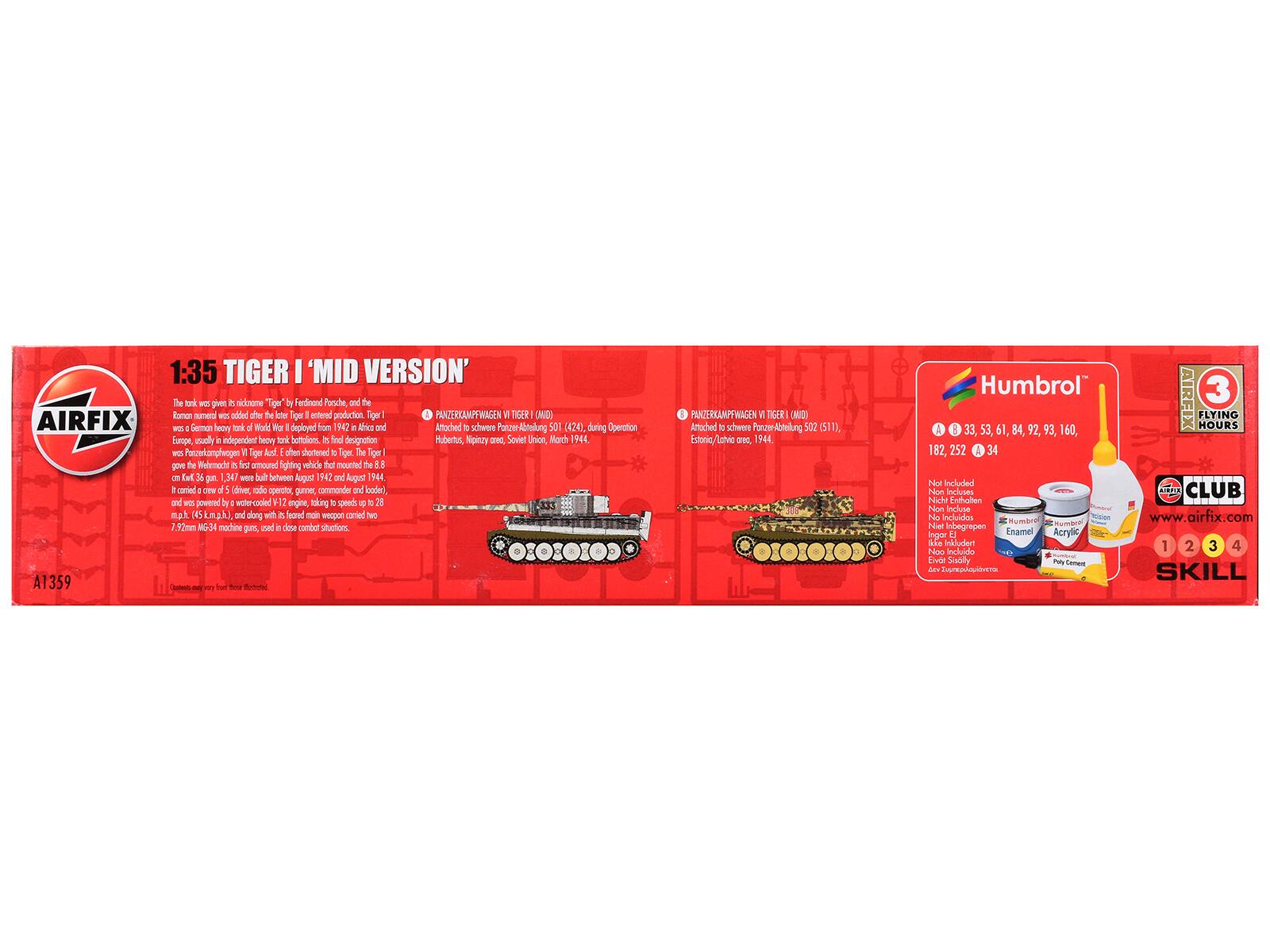 1:35 TIGER I 'MID VERSION'

The tank was given the nickname "Tiger" by Ferdinand Porsche and the name was adopted by the German heavy tank of World War II. Deployed from 1942 in Africa and Europe, usually in independent heavy tank battalions. Final designation was Panzerkampfwagen Tiger Ausf. E or simply Tiger. The Tiger I gave the Wehrmacht its first armoured fighting vehicle that mounted the 8.8 cm KwK 36 gun. It was built between August 1942 and August 1944, and was powered by a water-cooled V12 engine, taking speeds up to 28 mph (45 km/h), and along with its foremost weapon carried two 7.92mm MG-34 machine guns, used in close combat situations.

PANZERKAMPFWAGEN TIGER I (MID)
Attached to schwere Panzer-Abteilung 501 (424), during Operation Hubertus, Nippony, cross Soviet Union, March 1944.

PANZERKAMPFWAGEN TIGER I (M