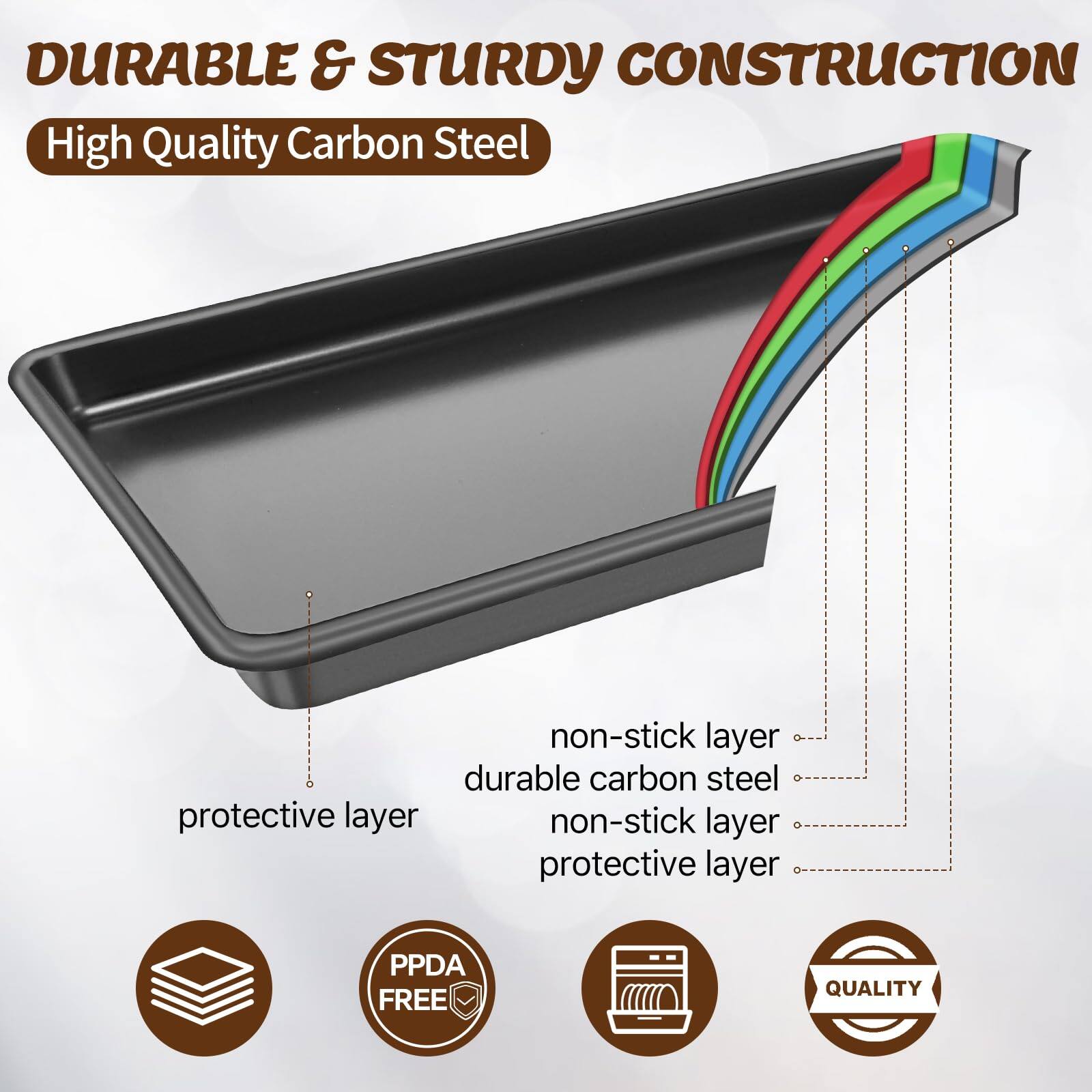 DURABLE & STURDY CONSTRUCTION  
High Quality Carbon Steel  

- protective layer  
- durable carbon steel  
- non-stick layer  
- non-stick layer  
- protective layer  

PPDA FREE  
QUALITY