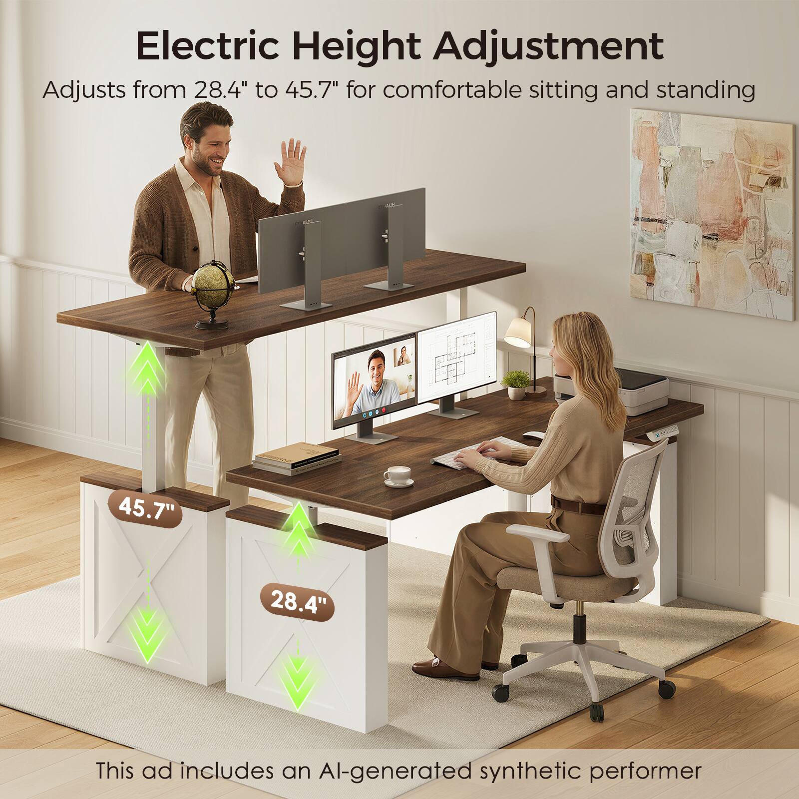 Electric Height Adjustment  
Adjusts from 28.4" to 45.7" for comfortable sitting and standing  

45.7"  
28.4"  

This ad includes an AI-generated synthetic performer