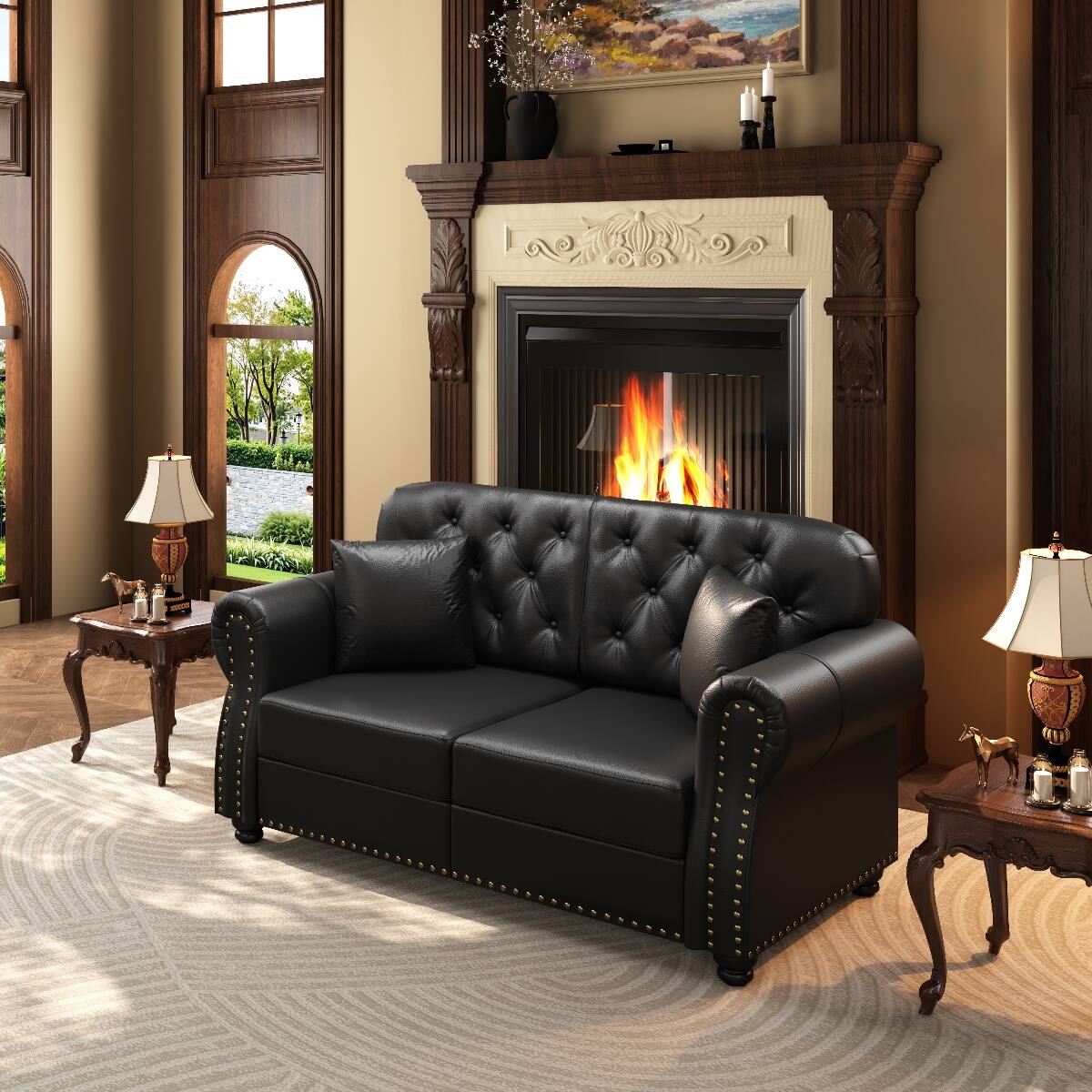 Front. Ropilly - Ropilly 63 Inch Faux Leather Loveseat Chesterfield Style Mid Century Modern Sofa with Pillows Black - Black Brown.