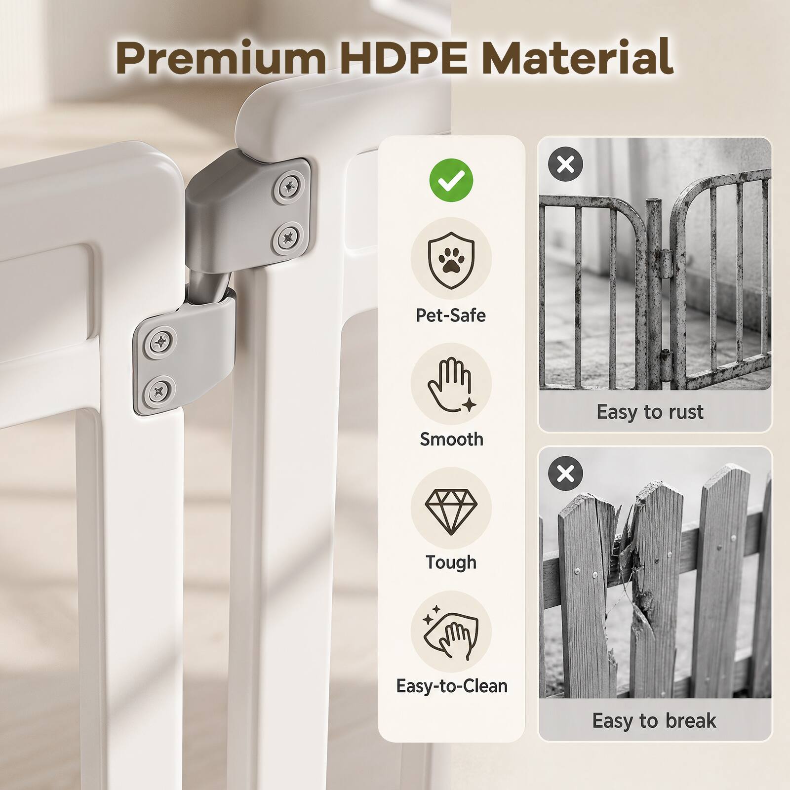 Premium HDPE Material

- Pet-Safe
- Smooth
- Tough
- Easy-to-Clean

X
- Easy to rust
- Easy to break