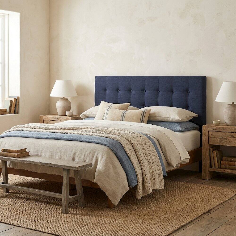 Angle. FurniFact - Upholstered Fabric Queen Headboard in Neutral Tone with Elegant Design - Blue.