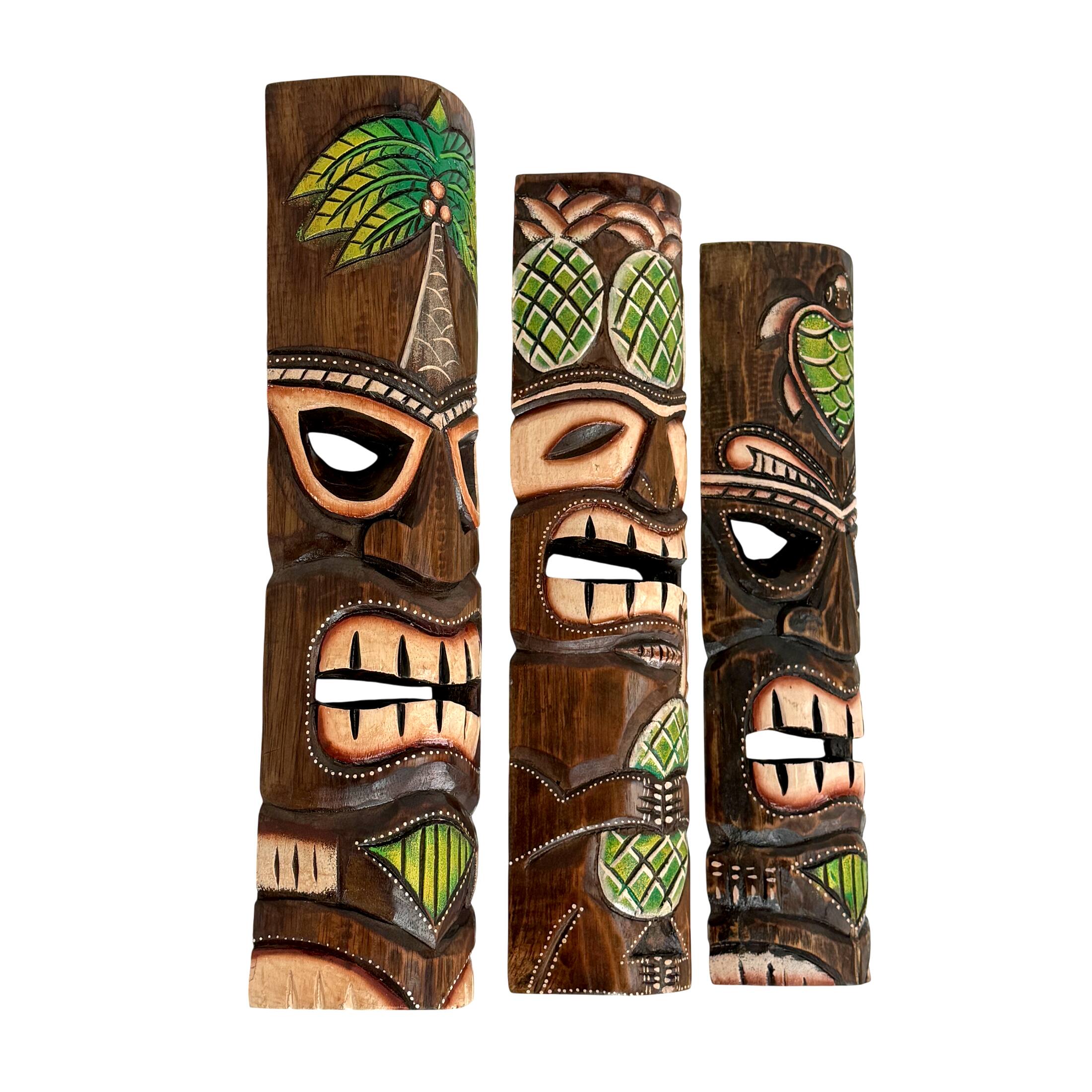 Alt View 1. Zeckos - Hand Carved Wood Tiki Mask Set of 3 Palm Tree Pineapple Turtle 19in Wall Decor - Green.