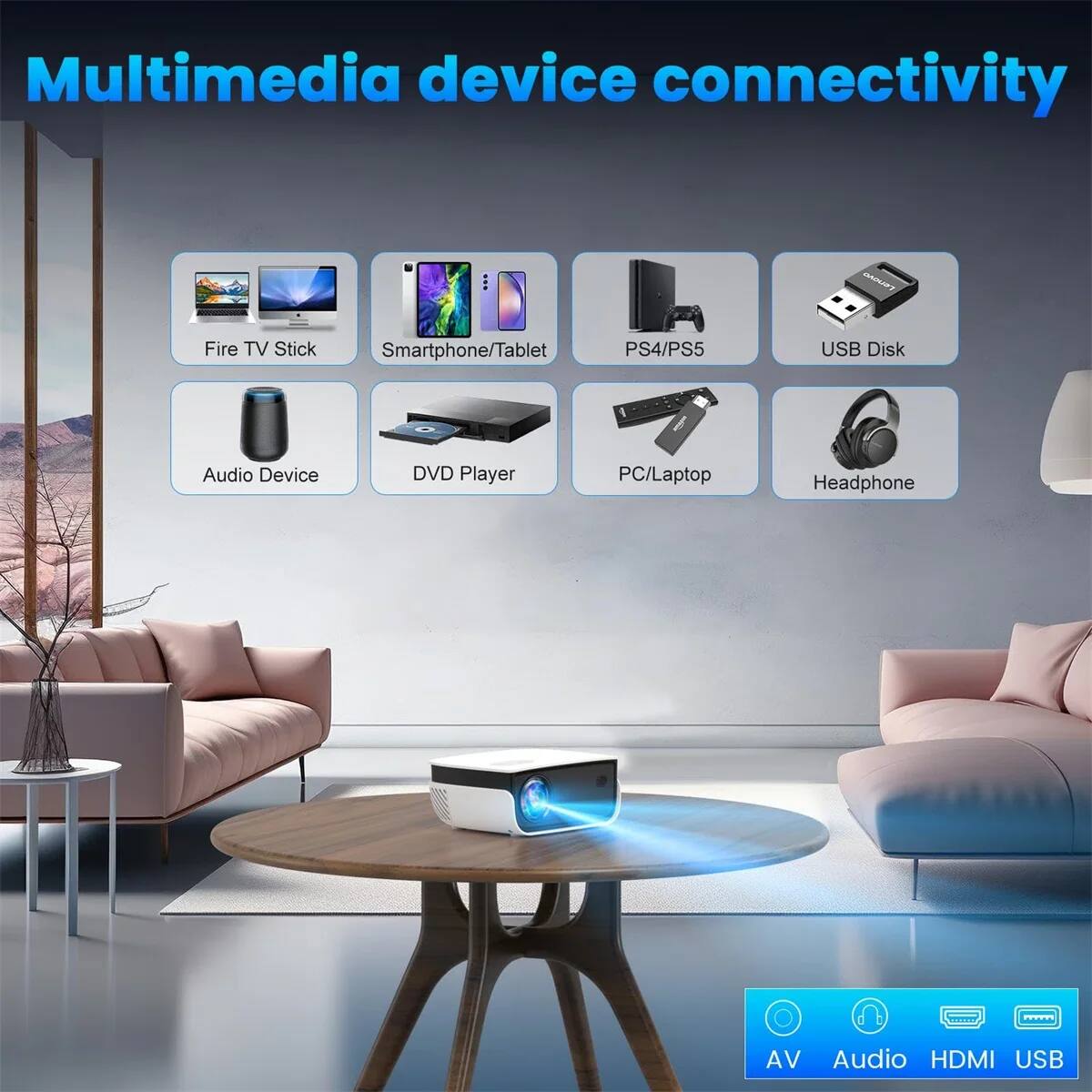 Multimedia device connectivity

- Fire TV Stick
- Smartphone/Tablet
- PS4/PS5
- USB Disk
- Audio Device
- DVD Player
- PC/Laptop
- Headphone

AV Audio HDMI USB