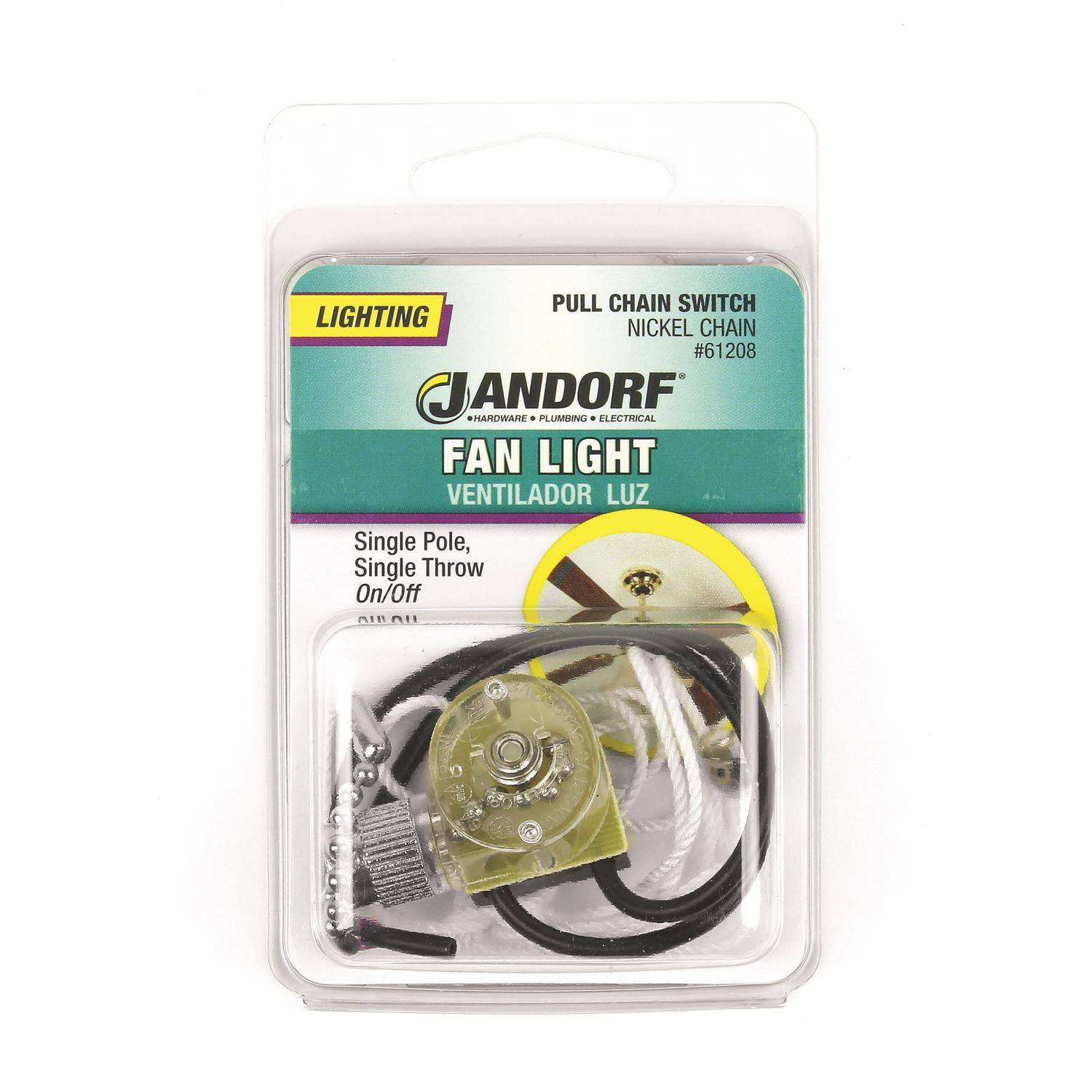 PULL CHAIN SWITCH LIGHTING  
CHAIN NICKEL #61208  
JANDORF  
MAROWARE + PLUMBING  
AFCTRIAL FAN LIGHT VENTILADOR LUZ  
Single Pole, Single Throw On/Off